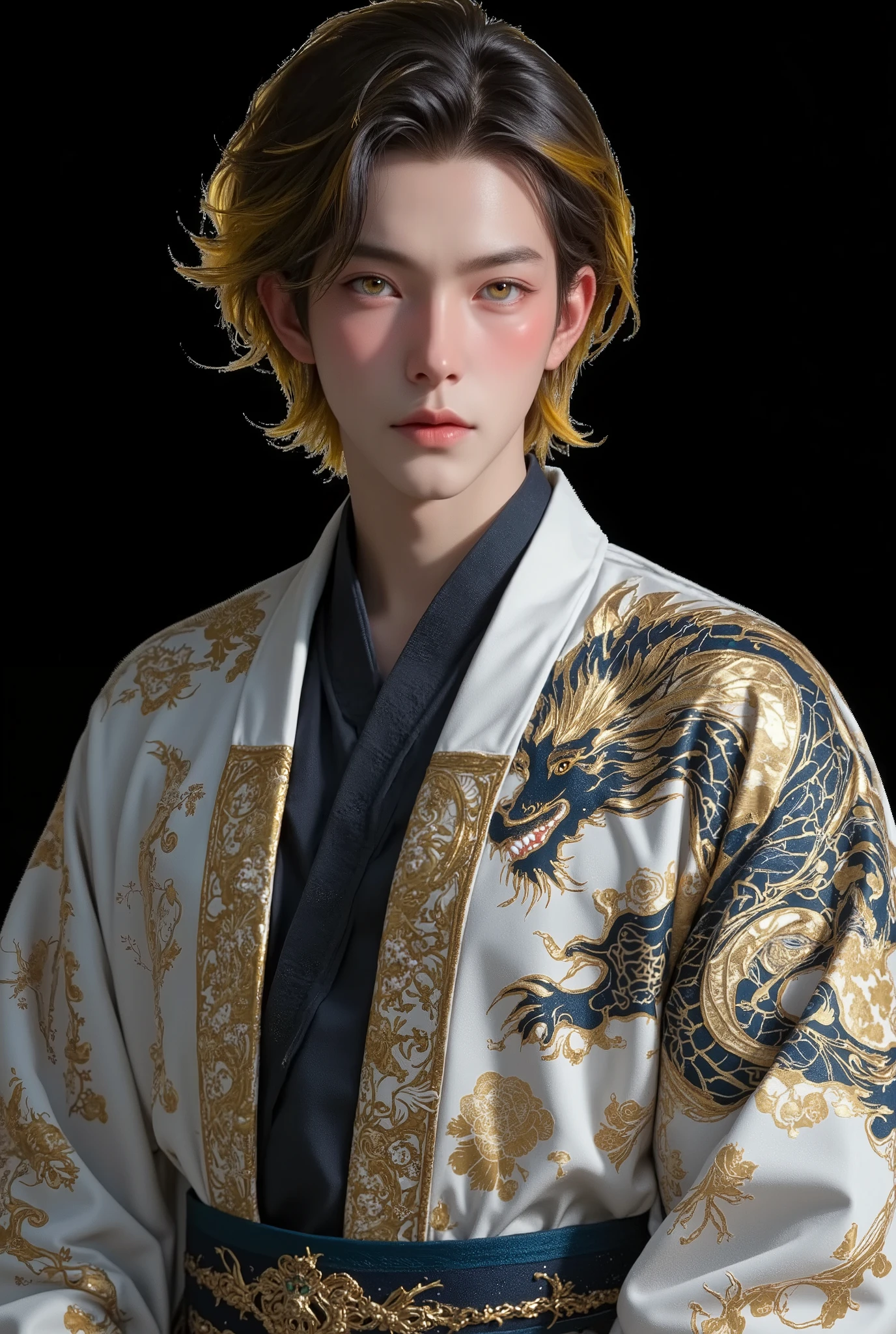 1man, Young man, ((age Around 22 to 27)), ((Yellow-Black Hair, Medium Hair, Chiseled face, High cheekbones, Sharp Prismatic Amber eyes, Athletic body)), wearing Chinese Dragon Pattern Hanfu, Intimidating aura, Standing, Full Body.