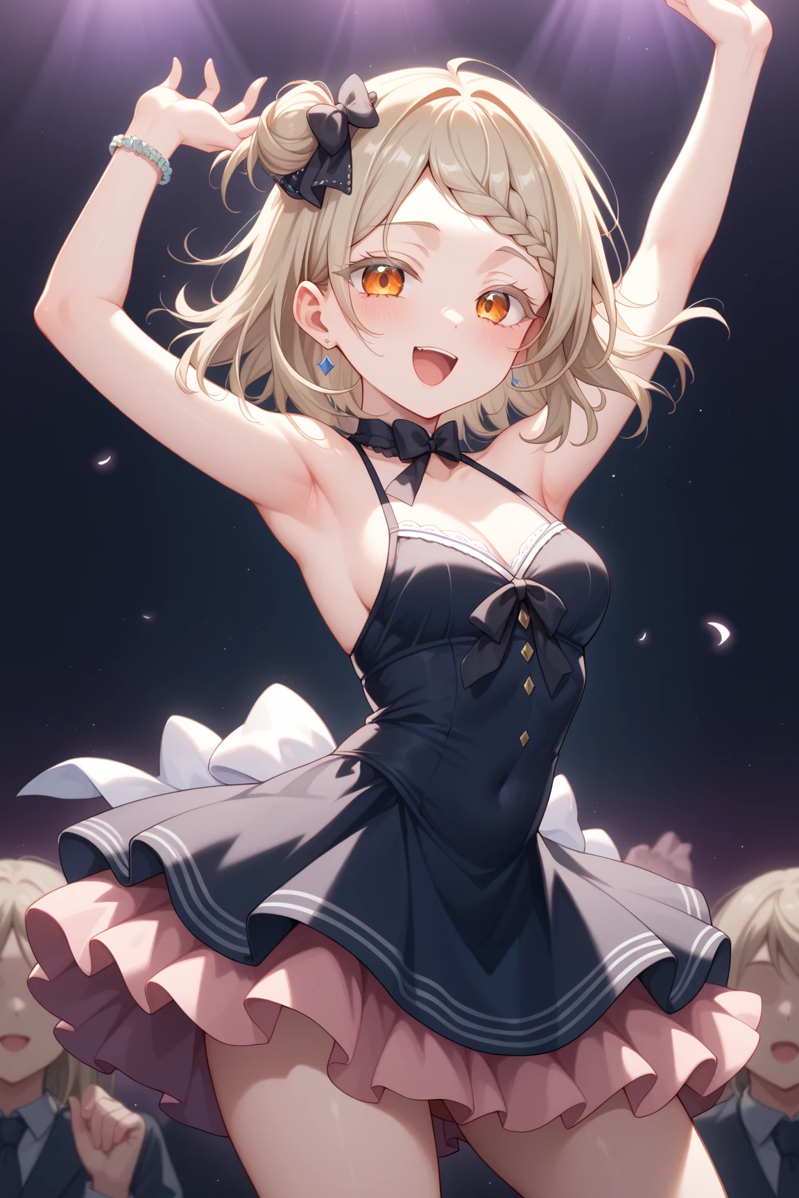 (best quality,4K,8k,high resolution,masterpiece:1.2),super detailed,(actual,realistically,realistically:1.37), Ultra high definition face, Woman in camisole with frilled dress, posing for photo, seduct smile, attractive girl, jaw-dropping beauty,medium breasts,Thin waist and thick hips, hourglass figure, fitness model, rosy cheeks, Alluring with a smile,Bokeh, Dynamic Angle, (((Leaning forward:1.2))), close arms, Close-up face:1.5, whole body, From below:1.2, (Correct Anatomy:1.6, Ideal body proportions, The right move:1.5, Small hands)