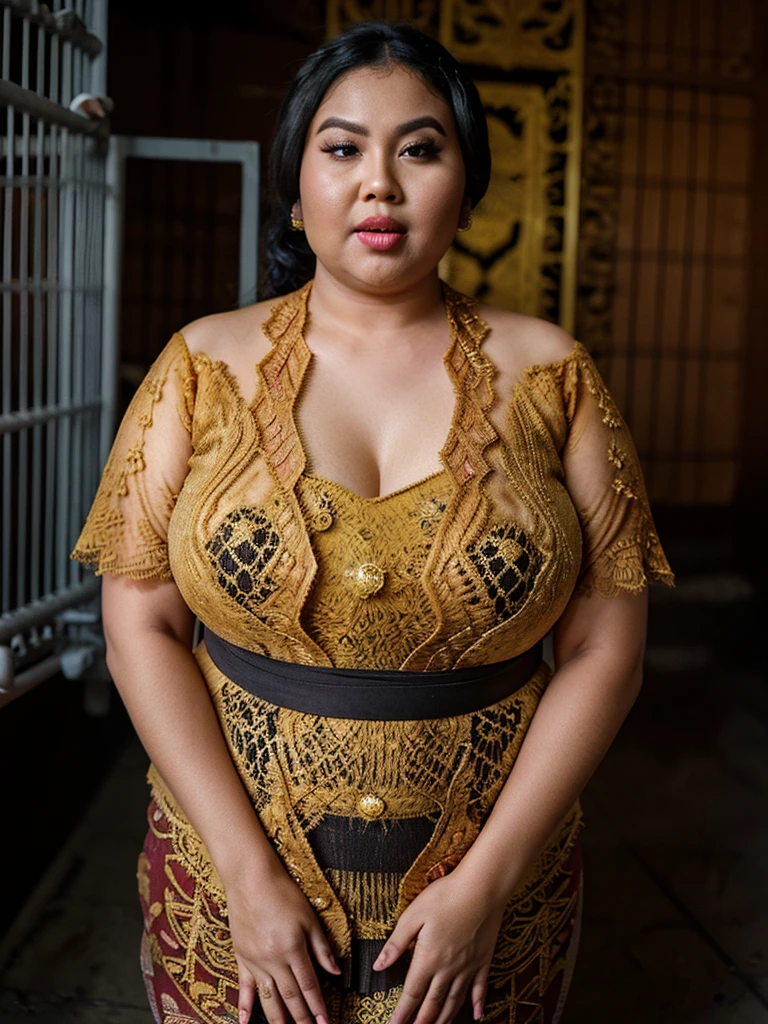 69 years old (((BBW))) indonesian grandmother, ((floral turmeric motif phasmina hijab))), wearing (((bra inside the unbutton patternless blazer))), sweating, old mature wrinkels facr and skin detail, (rounded fat body), sitting at the dark werehouse, stomatch stretchmark visible