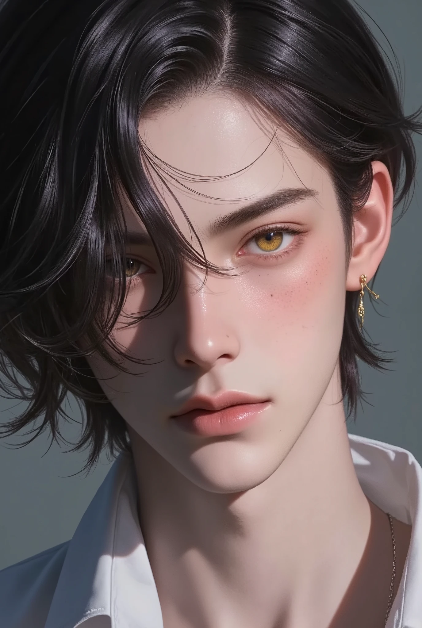 ((Top Quality, 8K, Masterpiece: 1.3)), Sharp Focus: 1.2, (Mature male, handsome, One Bangs Cover Right Eyes, Tied-Back hair, Medium hair, jfcut, Gold Amber Eyes, Flawless Eyes, ((Multicolour hair : Black and Silver)), freckles ,male focus, handsome man, thickly painted, semi-realistic art, semi-realistic art style