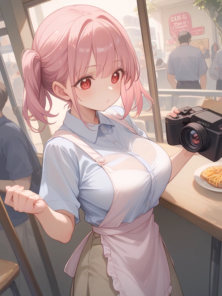 cute girl, in fancy cafe, wearing winter clothes, it is snowing outside, brightly lit room, blushing, girl is cold, pale skin, scarf, horny, exhibitionism, lots of people in cafe, public, large crowd, multiple women sitting in chairs and eating at tables, focus on one girl, camera is from far away, detailed background, (nsfw), slight background blur, vibrant color palette, (sweaty breasts, water droplets on breasts, oiled breasts, lubed breasts), ((18 year old))