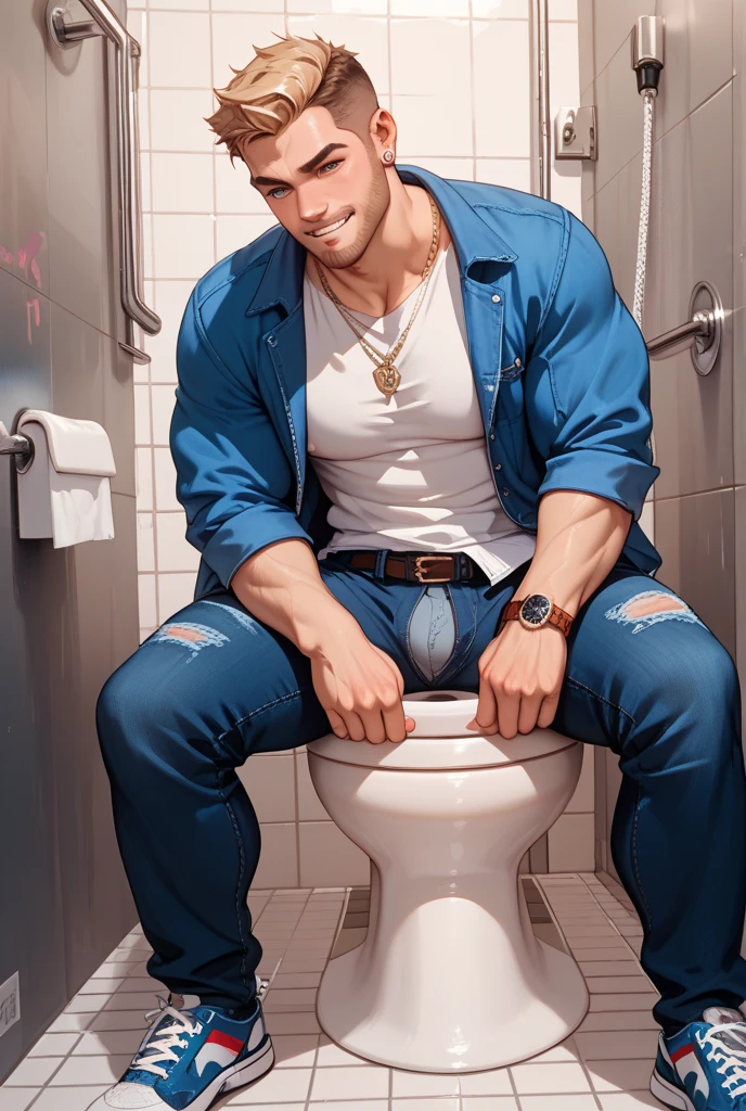 Lift your legs and hang in the air to show the soles of your feet, Lie down with your hips turned away, mature male opening leg, 30 years old, Clothes melt, masterpiece, 1 man, solo, (big muscle), Torn clothes, handcuffs, chains, One navel, Tears, (back arms:1.2), Shibari, chains, seductive facical expression, Hand flail, Flail, Ruined toilet, short hairs, White shirt, see-through clothing, rugged, underwear, ((detailed eyes))