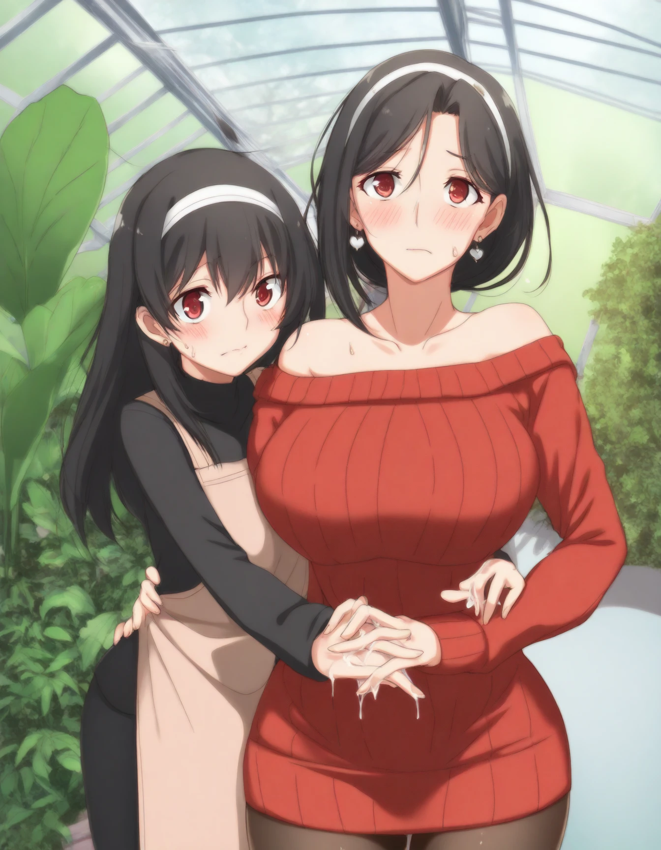 a woman in red dress holding her daughter's hand in a modern house
