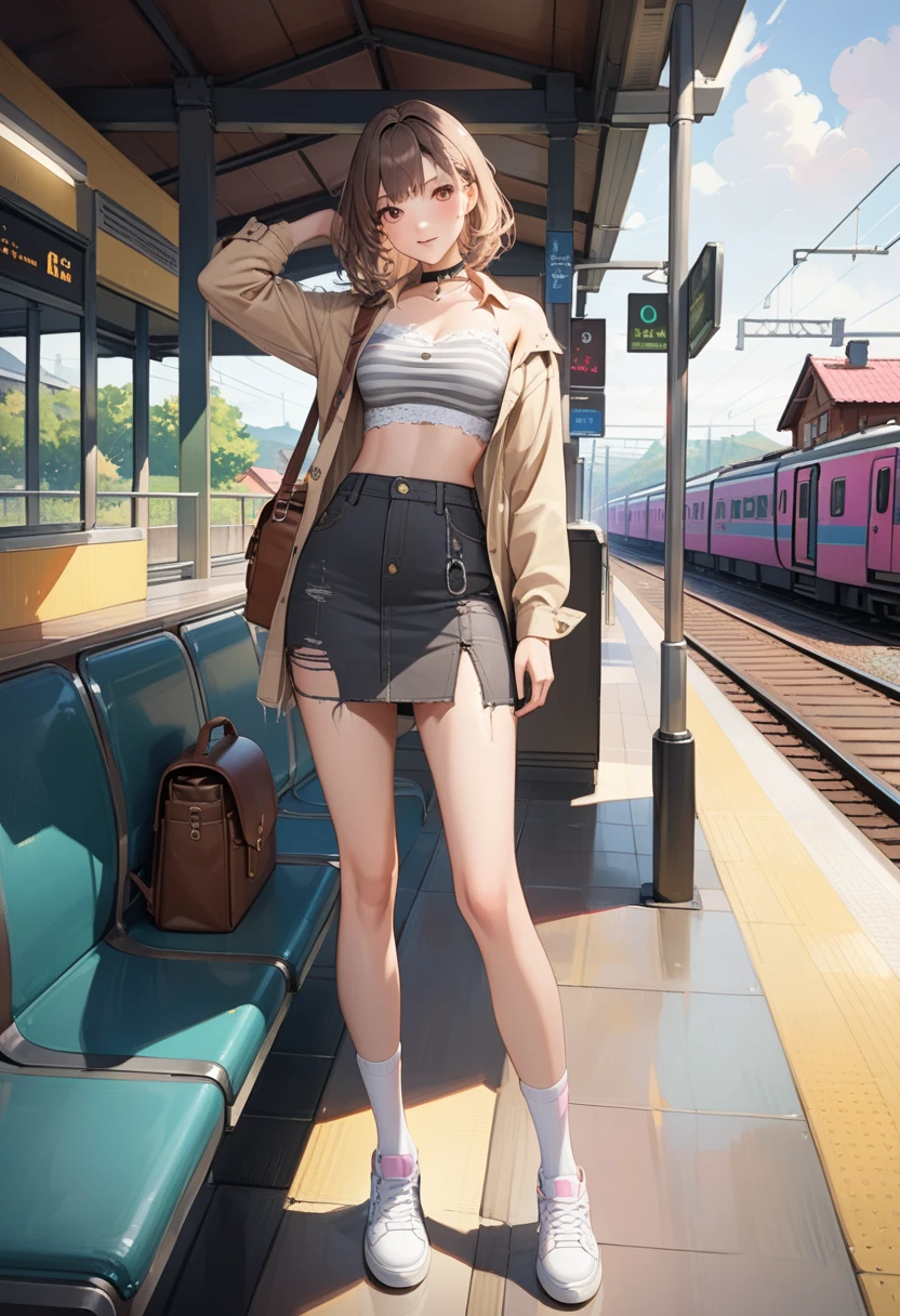 A young woman is walking on the train tracks in the middle of the forest. She is wearing short sexy clothes. Her hips are big. It is evening and it is sunny.