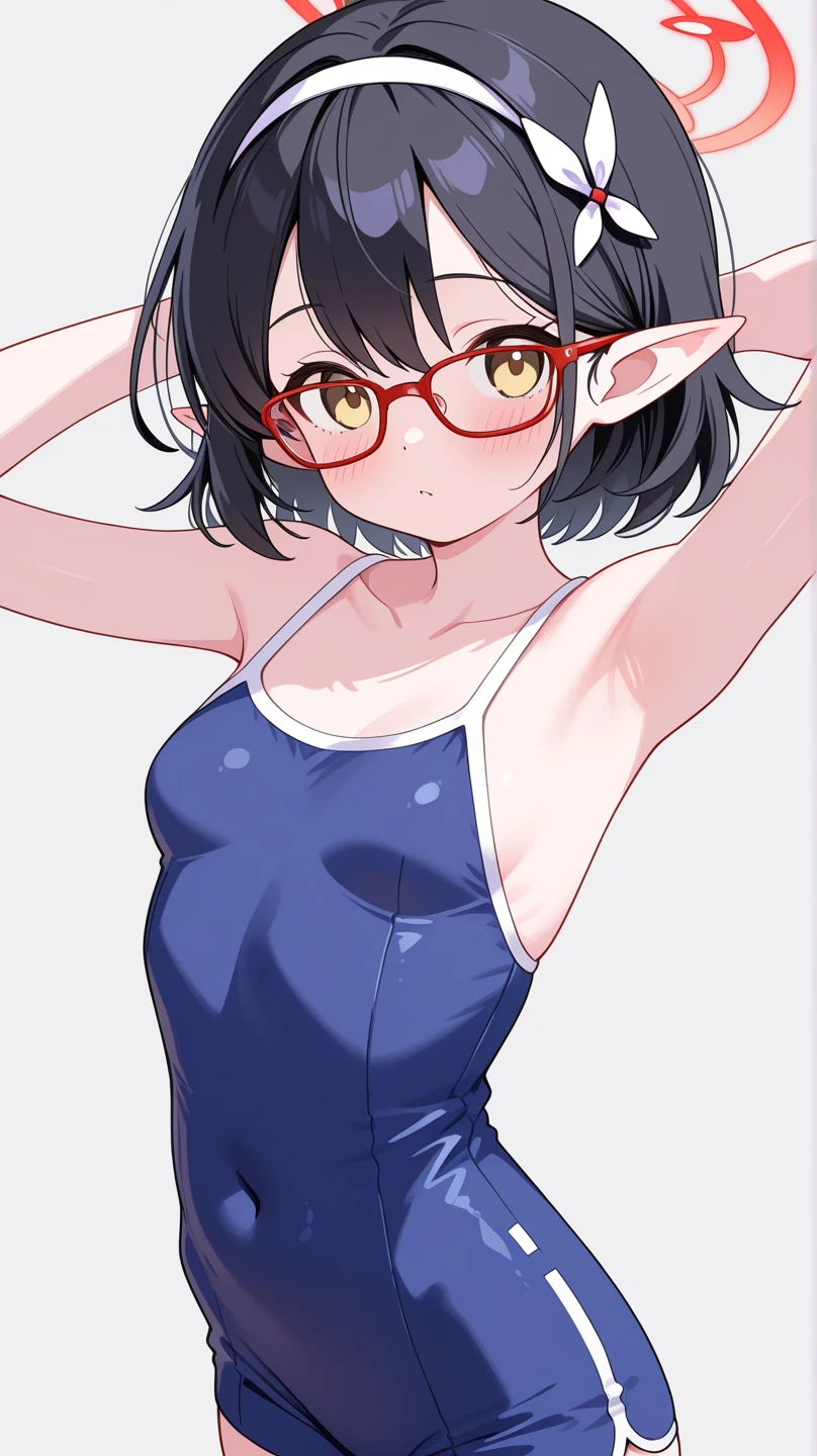 （tmasterpiece，best qualtiy：1.2），ink and watercolor painting，girl with、bob cuts、It's wet、eye glasses、white swimwear、sprawl、reaching out her hand
