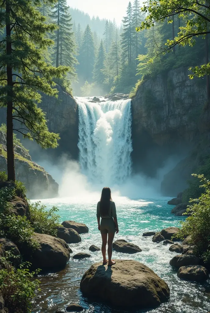 High Resolution, Masterpiece, High Quality, High Definition, Focus on Face of One Young Woman, sexy Figure, Overlooking Large Forest from Back, Mountain Landscape, Forest, Nature, River