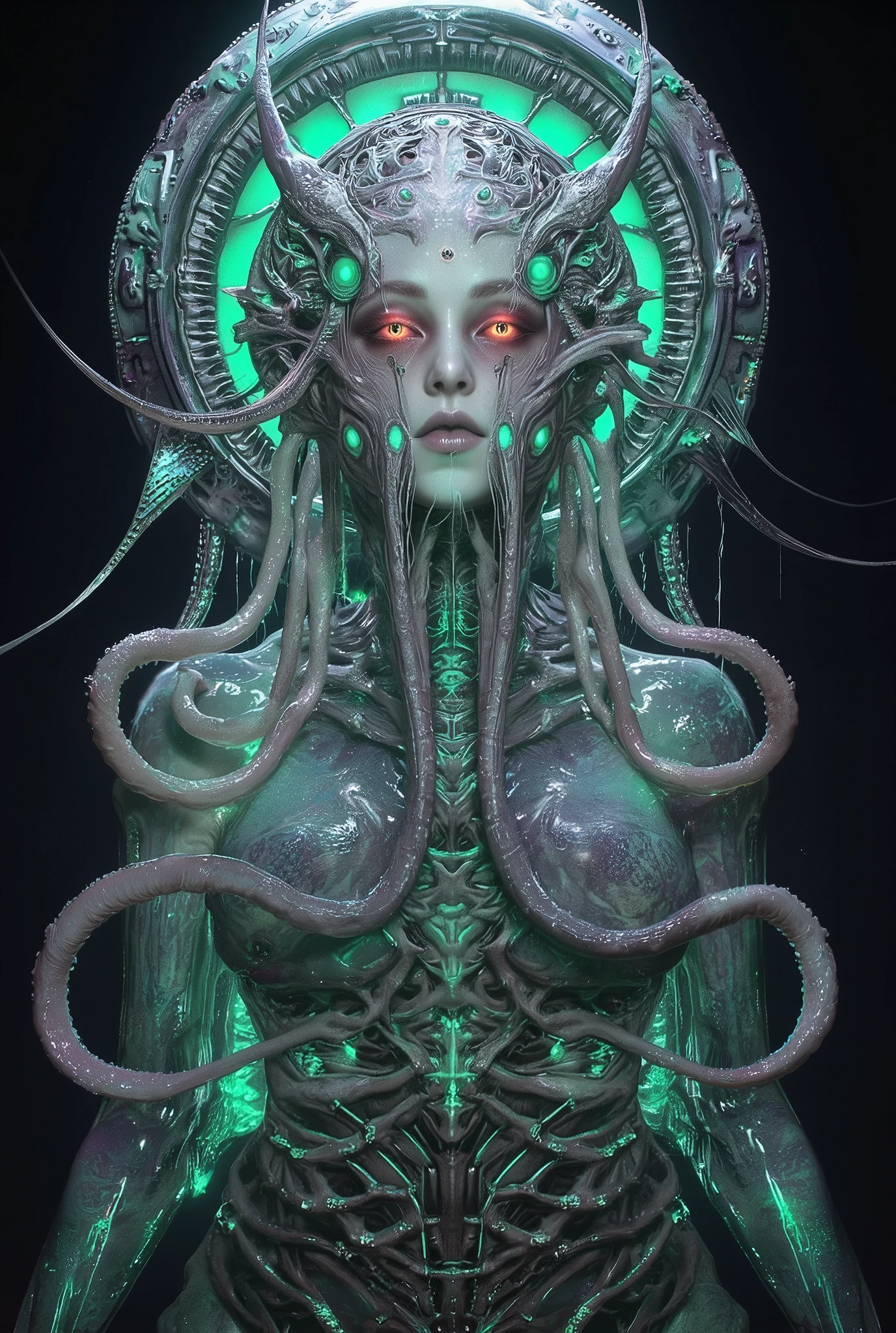 neon colored, (1 beautiful and obscene female alien:1.4), (There is a female genital-like organ in the middle of her forehead:1.95), She has medusa-like hair, (there are lots of translucent tentacles from her head like her hair:1.5), (vulgarity1.7), (she is looking down at viewers with glowing red eyes with no pupils:1.6), (She has translucent pale skin:1.4),(She has the most beautiful face in the history of the universe:1.2), (She has multiple bioluminescent organs on the side of her tentacles:1.4), (Her body is covered with an iridescent exoskeleton:1.4), (She is showing her arm pits:1.6), an evil gaze that seduces, wet long tongue, (looking down at viewers:1.4), (bio luminescent:1.4), (Smile wickedly:1.3), (sexypose:1.4), alien, No humans, cells are fused, extraterrestrial, cell, bio image, ultra high resolution, (photos realistic:1.7), (Numerous award-winning masterpieces, with incredible detail, textures and maximum detail), Dramatic Lighting, cinematic quality, (exquisite details:1.2), High freshness, drawing faithfully, Beautiful eyes with fine symmetry,(Highly detailed face and eyes:1.2),(Super detailed skin quality feeling:1.4), perfect anatomy, (Beautiful toned body:1.5), (Moist skin:1.2), not wearing makeup, (dark circles:1.1), cinematic drawing of characters, cinematic quality, (exquisite details:1.2), high resolution, High freshness, drawing faithfully, official art, Unity 8K Wall paper, ultra detailed artistic photography, midnight aura, unreal engine 5, Ultra Sharp Focus, art by MUCHA, art by Amano Yoshitaka, ArtGerm, ultra realistic realism, dream-like, Creation of fantasy, dream Snail, (biopunk nautilus:1.3),Thrilling color schemes, seductively smiling, Amazing mutation, well-proportioned body, goddess of the deep sea, fractal, Geometric pattern, impossible figures, subtle emerald green accents, (expression of ecstasy:1.5)