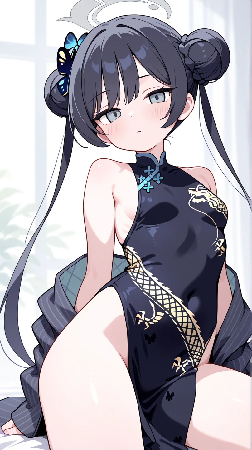 chinese bun black short hair,bun cover,dress lift Transparent see-through china dress, long dress,tight mini skirt, gold decoration dress, sleeveless, ultra detailed dress,cleavage, cleavage cutout, clothing cutout,,((NSFW)) ((hentai))Long black hair ((Toddler girl)) ((5 years old))((Small breasts))