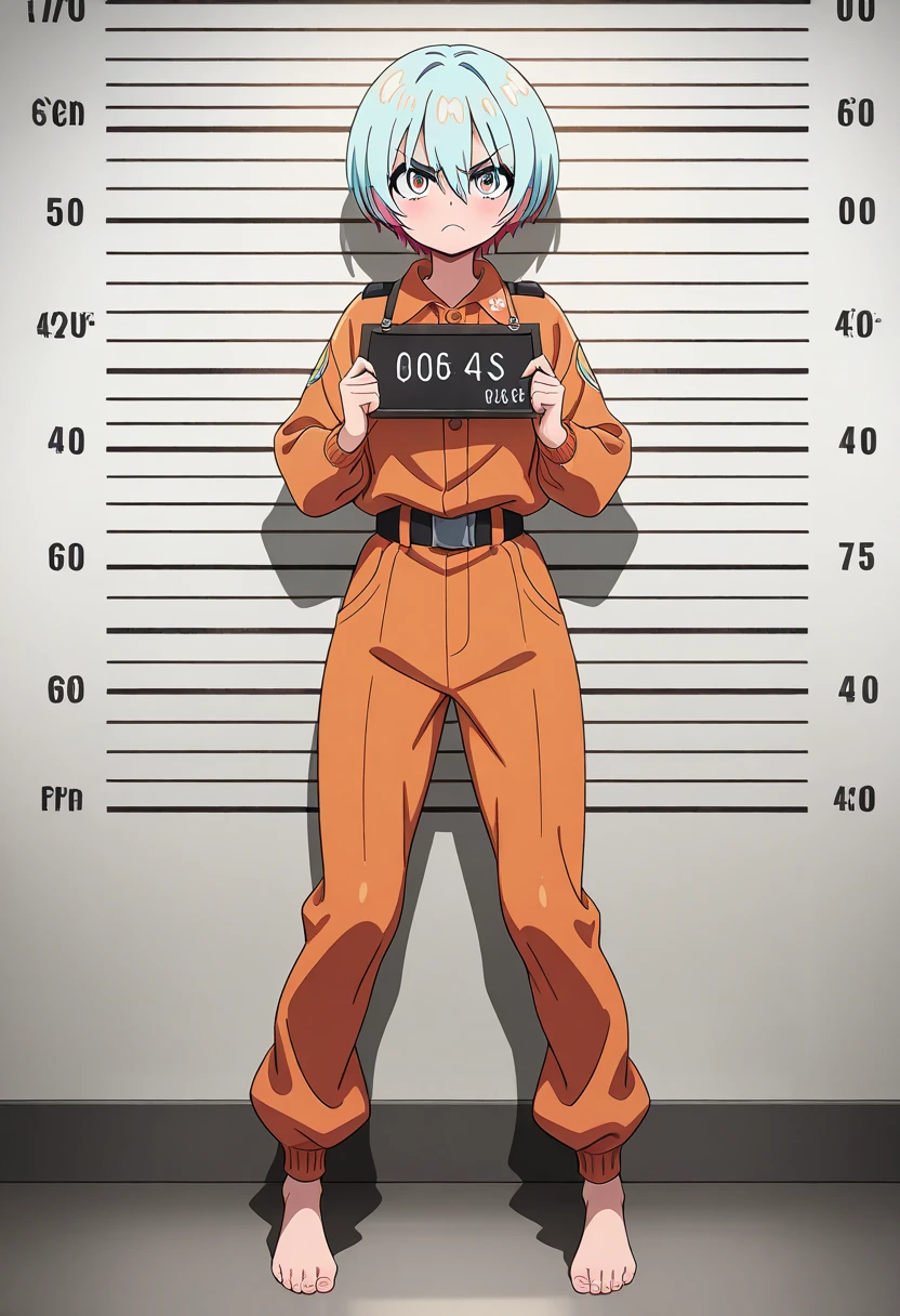 (masterpiece, best quality:1.2), 1female, solo, prison clothes, yellow eyes, short purple hair, wrist cuff, chains, perfect anatomy