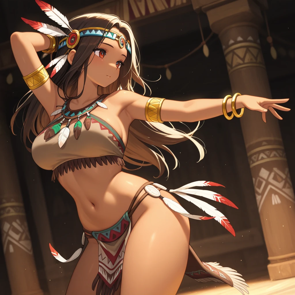 In the jungle、grassland、Amazoness、Girl、Girl、Pussy、Indian、Both eyes open、National costume、Brown skin、Small breasts、Nipples、Butt、Thighs、dance、belly button、Spectators、sunlight、pants、Healthy Skin、Black、Have fun