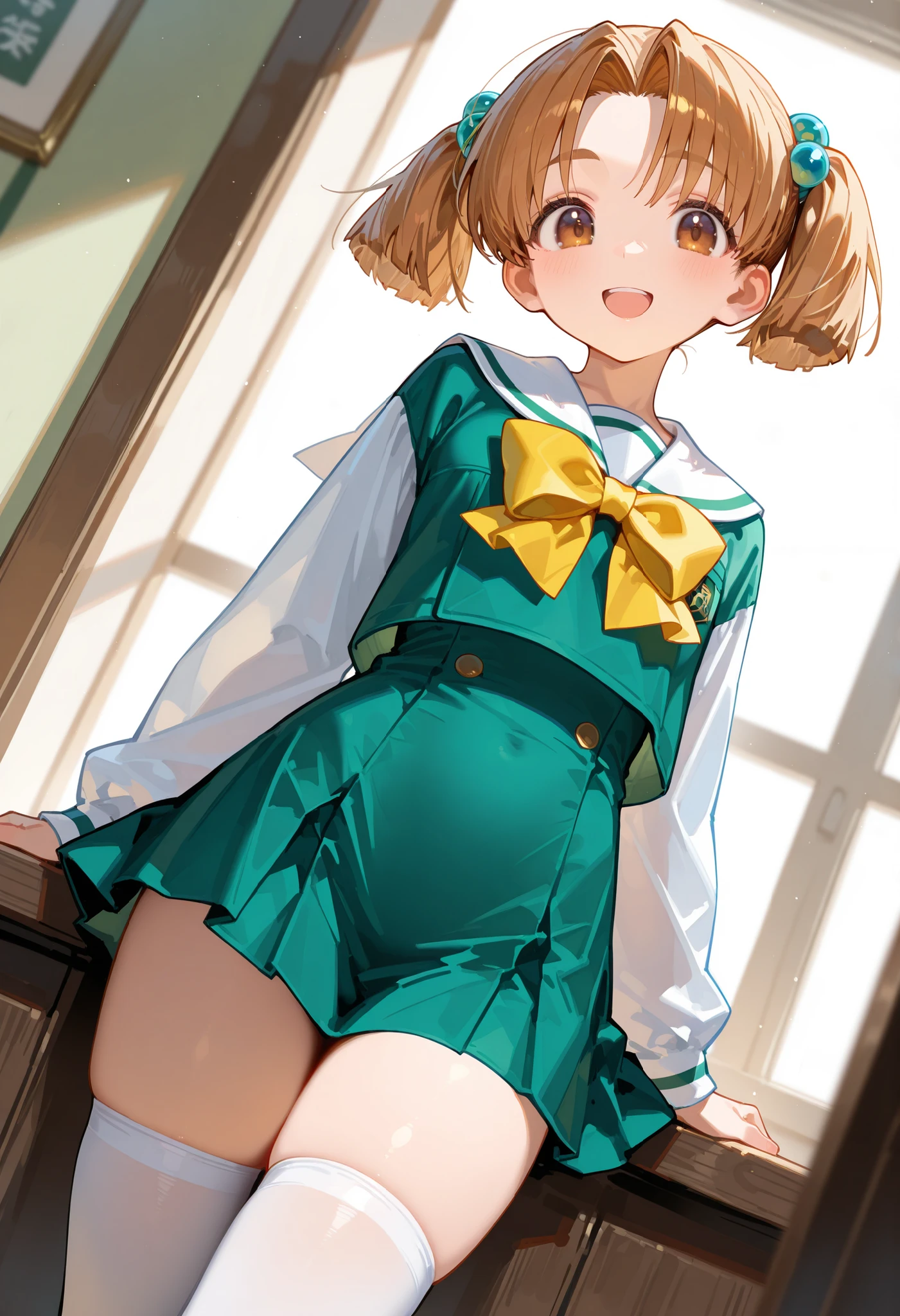masterpiece,perfect anatomy,high resolution, ultra-detailed,beautiful detailed eyes,dutch angle,absurdres,1girl,Emiru Nagakura,brown eyes,(brwon hair),short twintails,hair bobbles,looking at viewer,smile,open mouth,cowboy shot,green serafuku,white sailor collar,yellow bow,white long sleeve,mini skirt,(light green skirt :1.3),thighhighs,zettai ryouiki,