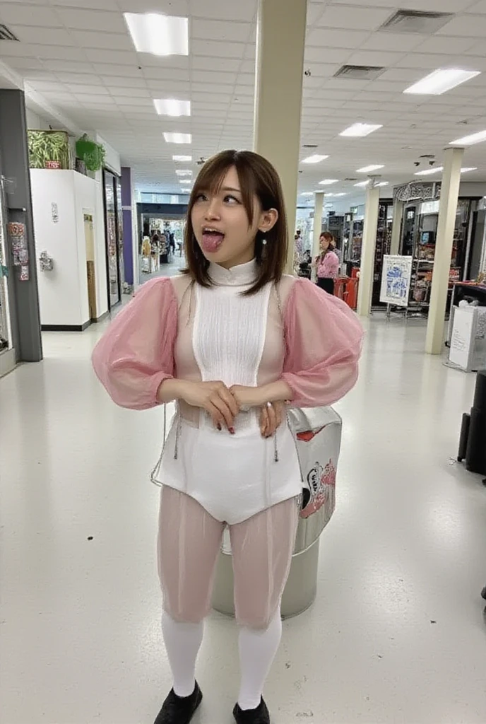 15 year old girl with medium length black hair, children's pigtails hair, Asian facial structure, happy expression, she wearing a tight bussines suit, presenting panties, pink panties, dog collar, visible nipples, marked nipples, she in metro
