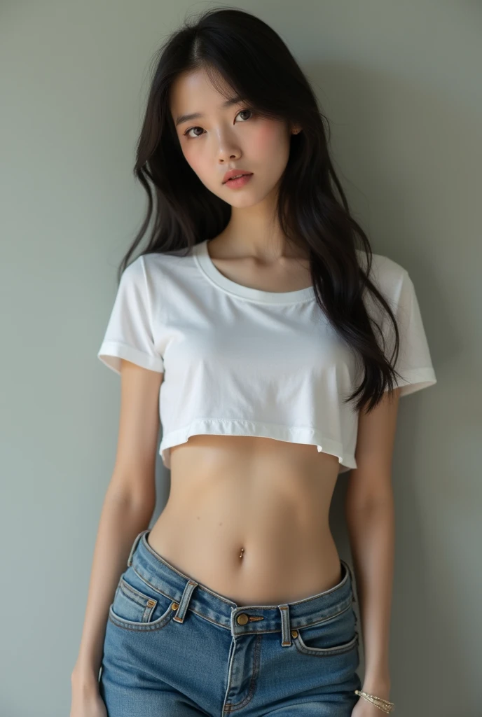 live-action、Very beautiful Japanese、Small T-shirt、belly button、Tight jeans、ponytail、Model-like body、Blonde、Gal Makeup