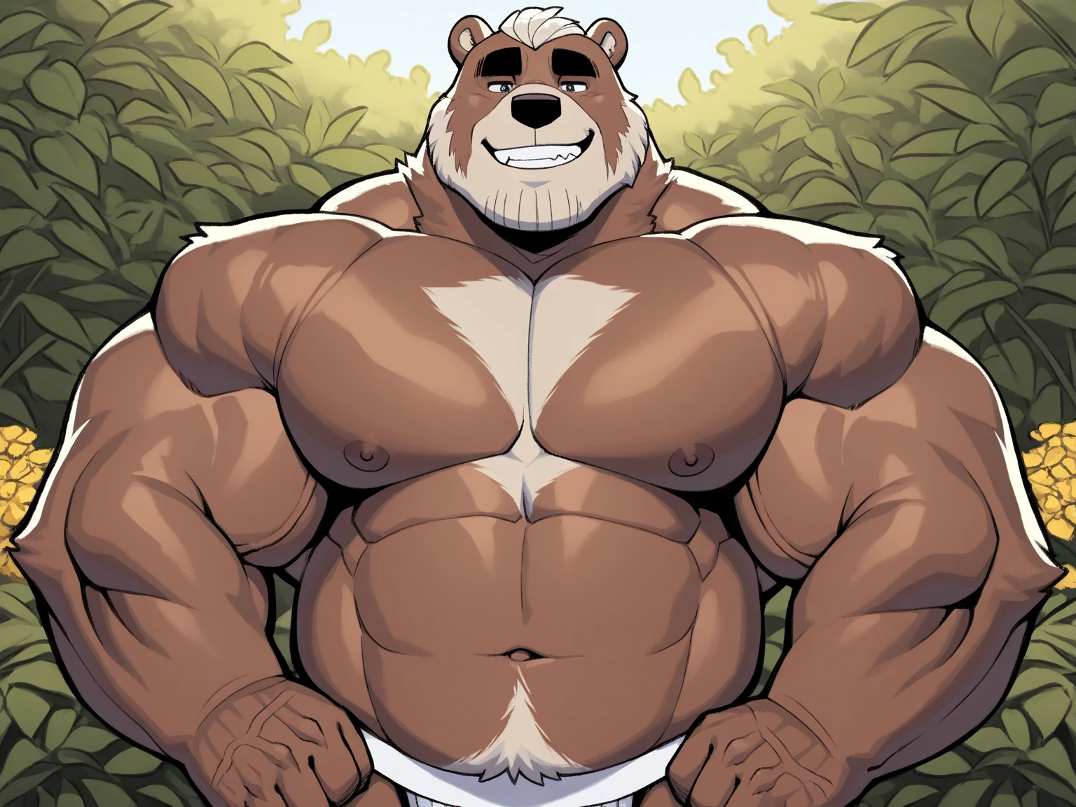 Art not cartoon style.Um urso animal furry grande,strong very fat.he is a hunter who lives in the forest.and he's wearing tight shorts