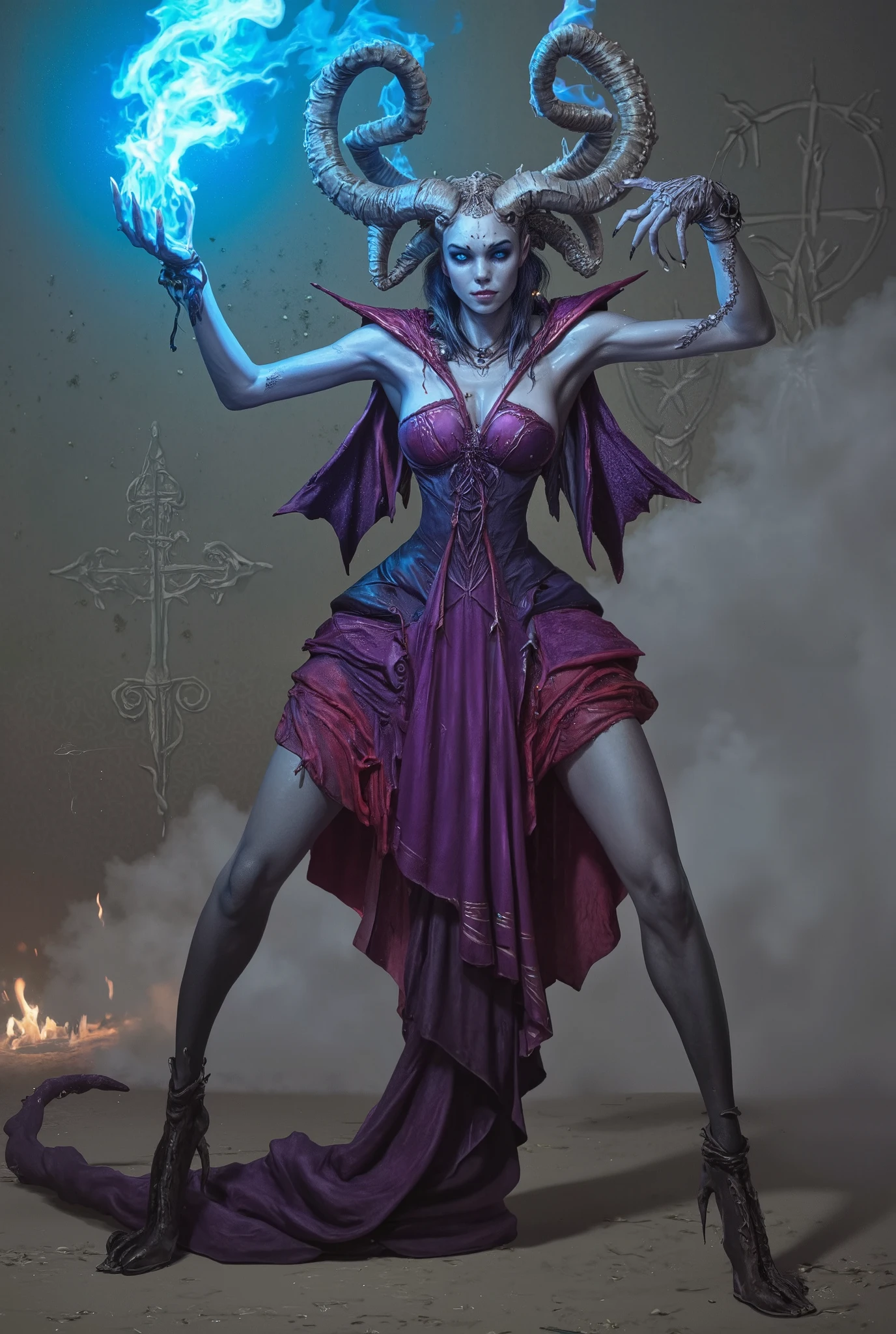 neon colored, A mysterious and terrifying female demon, with an elegant humanoid body and distinctly monstrous features — she has an elongated head adorned with wide, curved horns that resemble coral or bone, and a third glowing eye embedded in her forehead — her skin is a pale, waxen gray, and her limbs are long and unnatural, with clawed hands and digitigrade legs ending in talons — her violet and crimson dress appears to grow out of her flesh, forming organic armor — she raises one hand, conjuring a blue flame of living fire that flickers like a soul — her eyes emit eerie blue light, and she exudes a sense of unholy grace — the background is empty or misty, with faint magical glyphs or burning symbols floating — painted in a dark fantasy concept art style, inspired by gothic surrealism and eldritch femininity, highly detailed and stylized