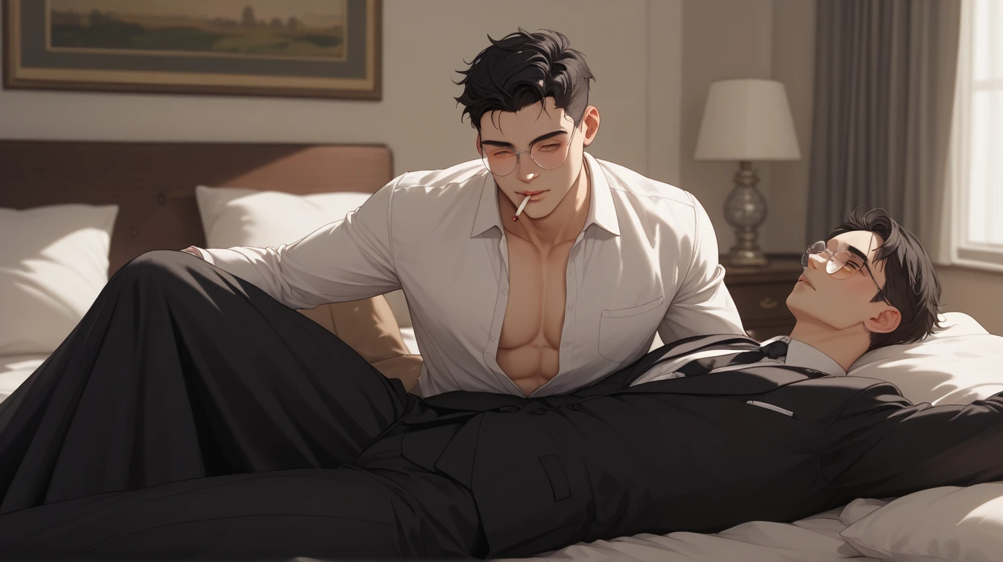 , score_9,score_8_up,score_7_up, source_cartoon, source_anime, a tall slender white male, adult male, tired expression, square face, handsome, jaw line, brown eyes, square nose, eyes half open, bags under his eyes, short dark brown hair slicked back, wearing white baggy button up shirt, shirt unbuttoned, toned body, white pants, sitting on a recliner, hand on his head, tired, loose tie around his neck, indoors, in a messy apartment  