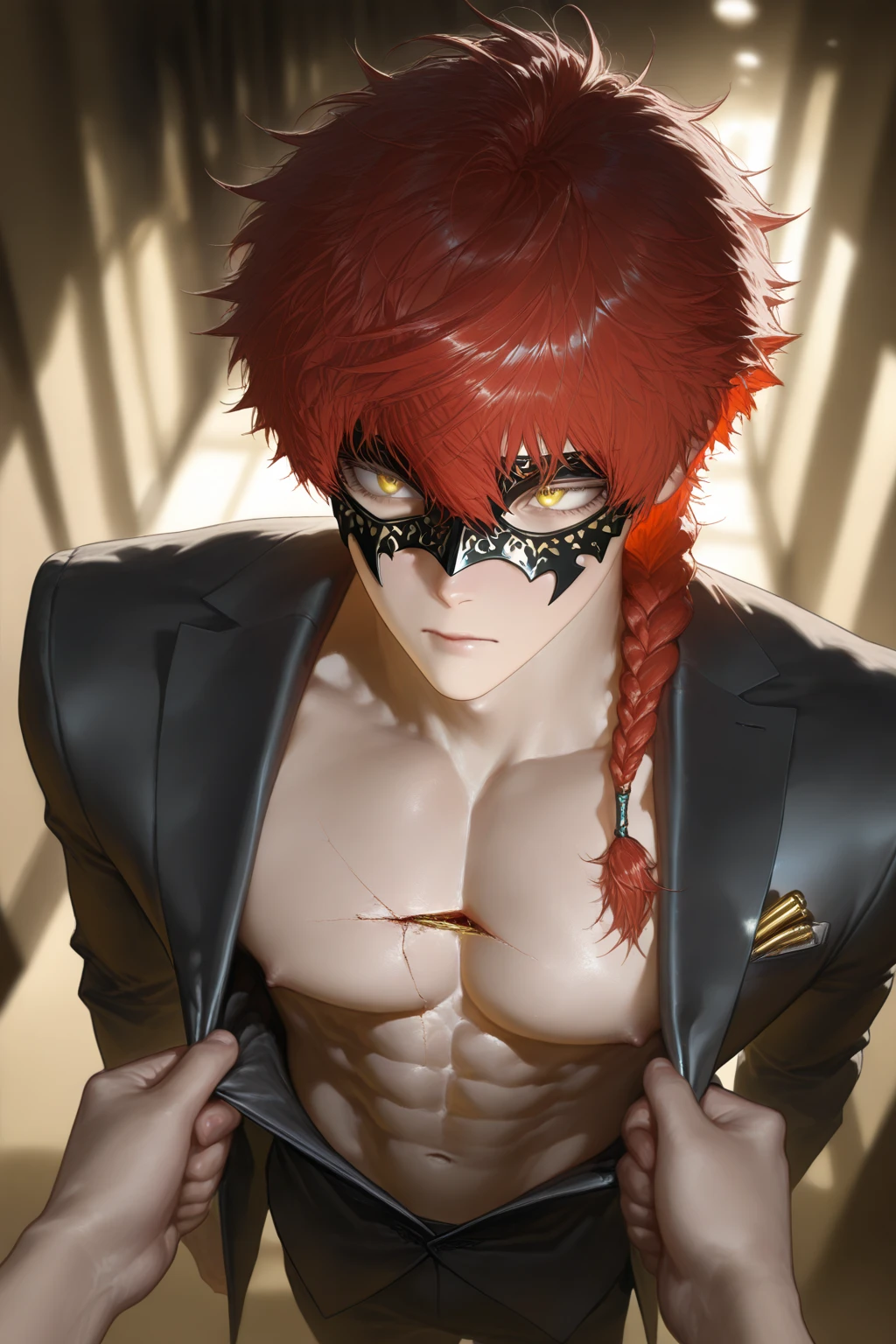 demon slayer kimetsu no yaiba, inosuke hashibira, muscular male, animal mask, balls, penis, nude, solo male, sweating, 4k, high quality, realistic, detailed, cinematic lighting, dark fantasy, hyperrealistic