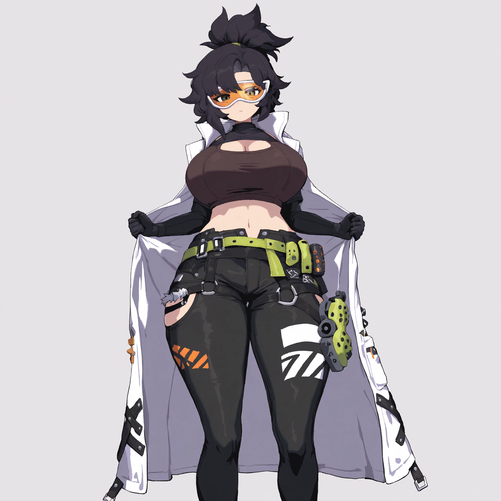 score_9, score_8_up, score_7_up, score_6_up, score_5_up, score_4_up,(Black Hair),(orange hidden highlights),(Red eyes),Gentle expression,(((Hair on one eye))),very big breasts,Erect nipples,Micro Bikini,Underboob,latex,open front,boots