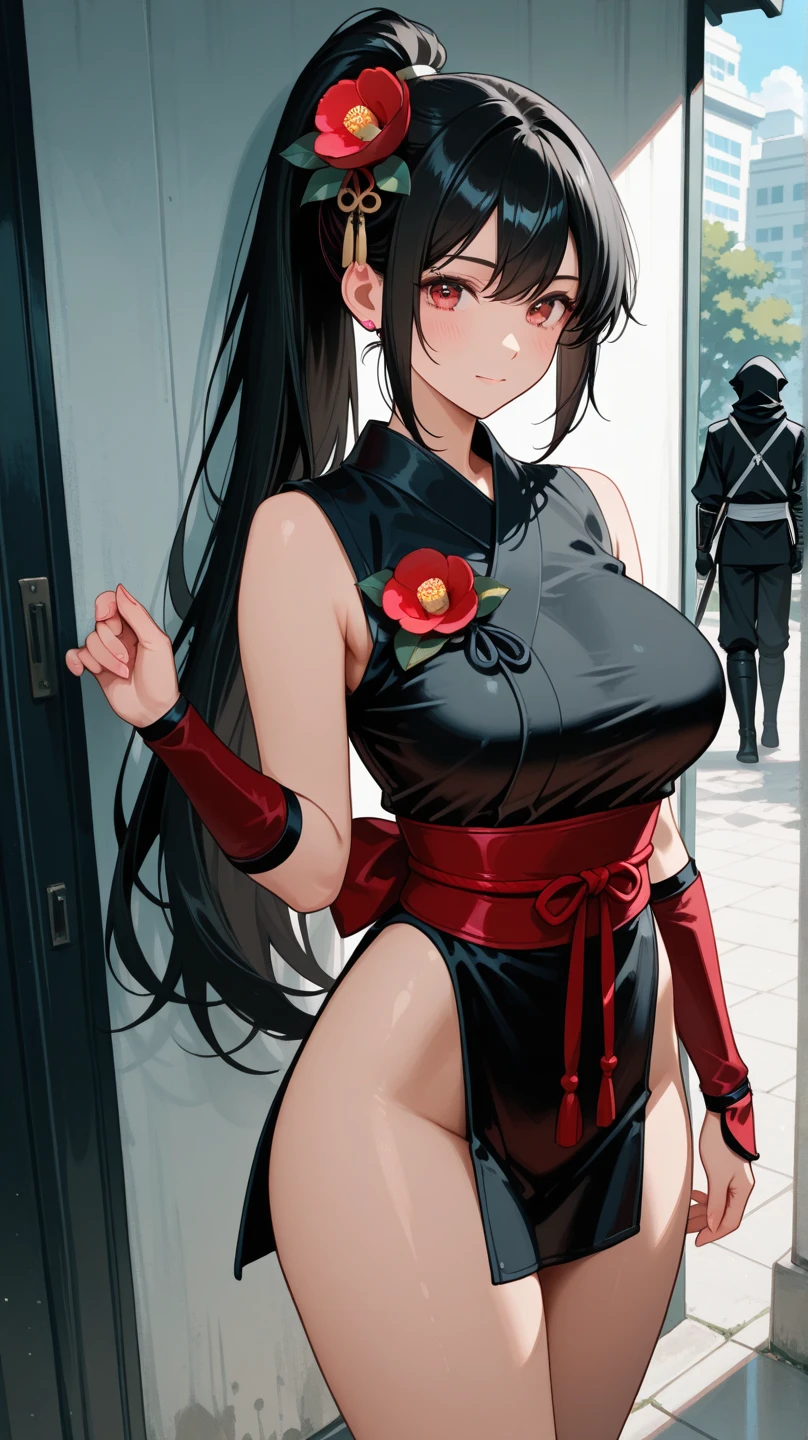 edTifa, red eyes, long hair, hair ornament, hair flower, black kimono, black shirt, sash, black thighhighs, masterpiece, best quality, ultra high resolution
