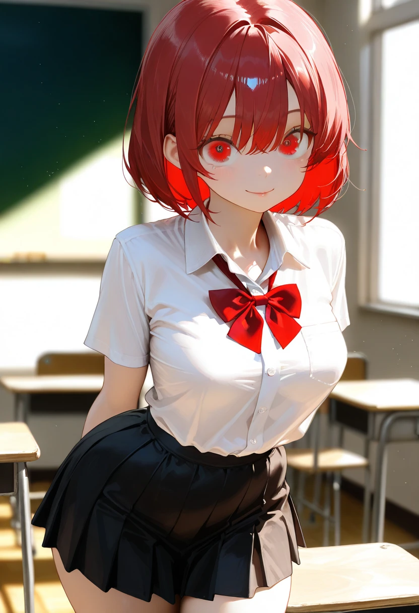 (Best quality at best,8K,A high resolution,tmasterpiece:1.2),Digital artwork, one girl,detailed face,detailed eyes,red hair,short straight hair,glowing red eyes,red lip,Suspenders