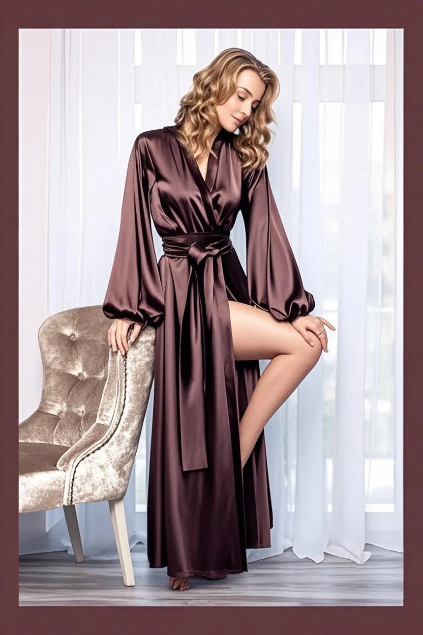top-quality、​masterpiece、8k、32k、22year old、1人、bedroom、sexy  pose、on a couch、on the beds、darkened room、dim lighting、crouching down、Kamimei、a blond、bob、verd s eyes、Swaying hair、beautidful eyes、long eyeslashes、cleavage of the breast、huge-breasted、Cat Pose、smil、Tempting、Shoulders are sticking out、Pants are visible、Wearing a silk brown gown、Black pants、bule、realisitic、