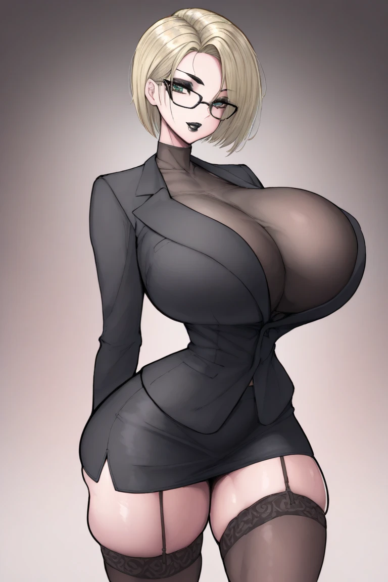 white woman as a Secretary, milf, mature, short blonde hair, ponytail Cut, hair tied back, high cheekbones, glossy lipstick, big lips, full lips, pouting, pouting lips, tall, curvaceous, small waist, big hips, hip dips, large breasts, big breasts, sagging breasts, Peplum Split Back Belted Work Formal Dress, formal dress, looking at viewer, Best quality, 8k, Masterpiece, realistic, photorealistic, (gigantic breasts:1.2)(hanging breasts: 1.5)