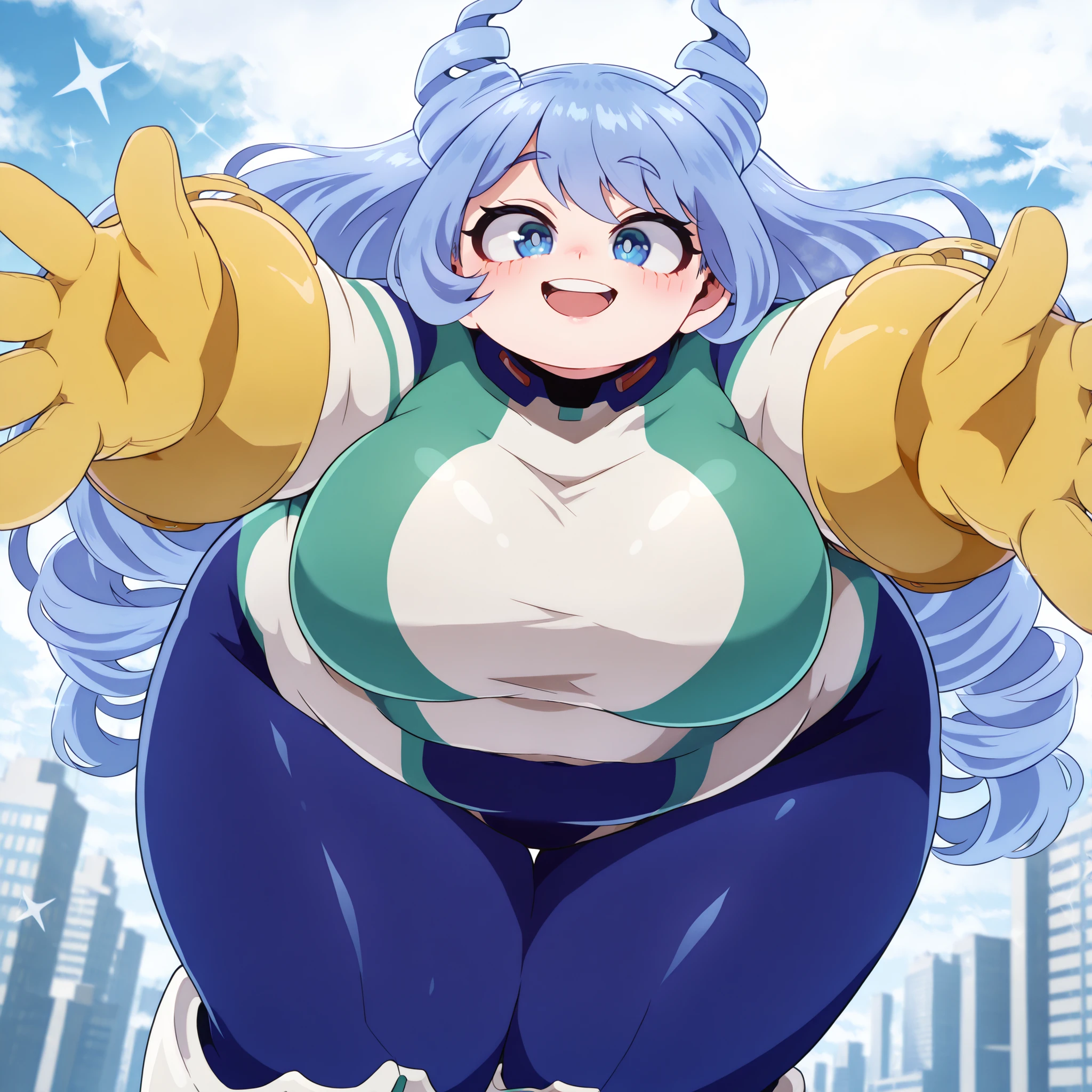 high resolution picture, masterpiece, best quality, amazing quality, official art, hado_nejire from My Hero Academia , 1girl,nejire hadou, blue eyes, blue hair, long hair, medium breasts (flat colors, pastel colors) incoming hug, smile, blue bodysuit, bodysuit, drill hair, gloves, green bodysuit, multicolored bodysuit, multicolored clothes, yellow gloves, horns, outdoors, cityscape, bent over, looking at viewer, dutch angle, cowboy shot, flying fat, chubby, obese, gigantic arms and legs, large breasts open mouth, out of breath, from below, sparkle,