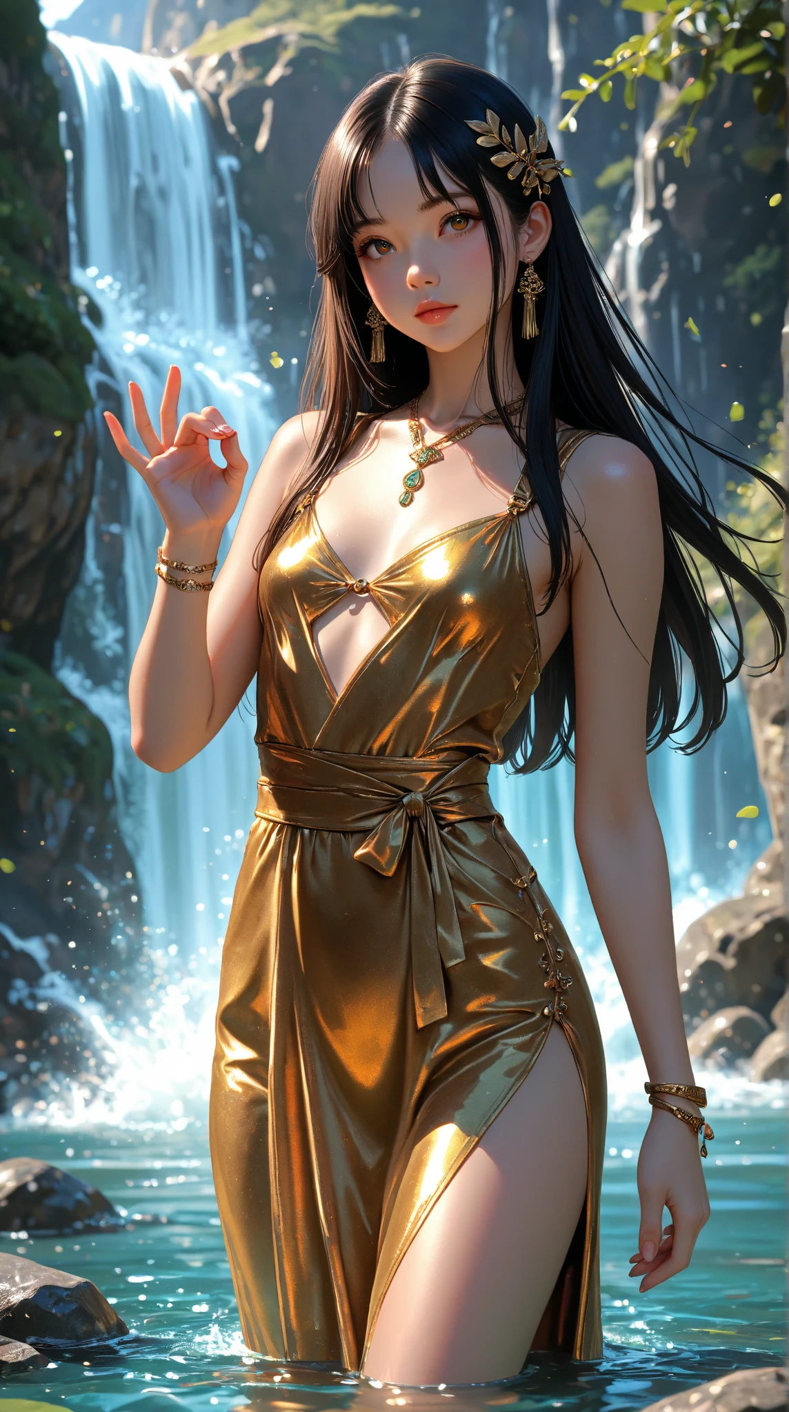 ((best qualtiy, 8k, tmasterpiece:1.3)), Focus:1.2, perfect figure beautiful woman:1.4, Cocked :1.2, ((Cut hair in layers, Beautiful :1.2)), (wetclothes:1.1) , (Rain, Street:1.3), Bandeau Dress:1.1, Highly detailed facial and skin texture, A detailed eye, 二重まぶた，Whiten skin，long whitr hair,(Keep one's mouth shut:1.3)，ssmile，((best qualtiy, 8k, tmasterpiece:1.3)), Focus:1.2, perfect figure beautiful woman:1.4, Cocked :1.2, ((Cut hair in layers, Beautiful :1.2)),  Bandeau Dress:1.1, Highly detailed facial and skin texture, A detailed eye, 二重まぶた，Whiten skin，Long hair in a yellow dress，Looking out over a stretch of water，Flowing realistic fabric，realistically rendered clothing，Silk dress，8K sensual lighting，A goddess，floating dress，flowing robe，illusory engine；romantic motifs，Highly detailed clothing，Detailed clothes，cloth simulation，flowing magical robe --auto