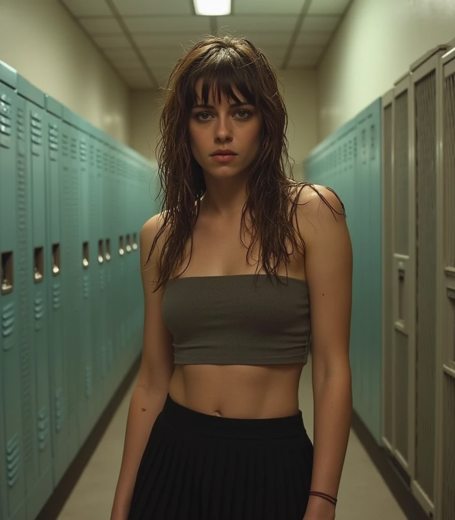 Emma Watson, young and cute, shes in the audience of the school dance, her breasts are bare and exposed, she's wearing a pair of sweatpants, men surround her, clothed men encircle her, everyone is wearing clothed but her, she is skinny and small, she is shy