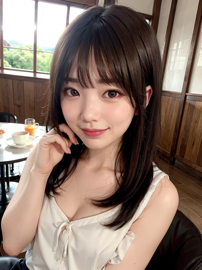 bright表情、photorealism、highest quality、超A high resolution、picture、The most beautiful Nordic girls photos、cute and beautiful face details、small face、(Pueros face_V1:0.008)、美しいbangs、16 years old、Brilliant white skin、hair gets tangled in face、顔まで伸びるbangs、bangs、hair between eyes、super long hair、Attractive brown silky hair、bright, Clear light blue eyes shine charmingly、double eyelid、ample breasts、ダイナミックなポーズhighest quality、disorganized、((the cutest girl in the world))、Japanese、16 years oldの女の子、Cafe、((Spring-like clothes))、(skirt)、(Off-shoulder jacket)、nice and cute、innocent smile、nice smile、big breasts、(ample breasts:1.3)、ponytail、brown hair、thin waist、detailed beautiful eyes、face forward、Upper body、close up of face、
