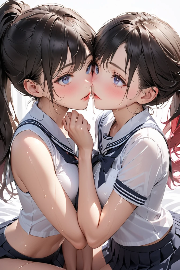(2 beautiful young, perfect body, beautiful and voluptuous breasts, classroom, high school girl, sailor uniform), (hug, symmetrical docking, breast press:1.4), crushed breasts, (eye contact, looking at another:1.5), (best quality, 8k, highres, masterpiece:1.2), ultra-detailed, realistic, photorealistic, photo-realistic:1.37, portraits, soft warm lighting