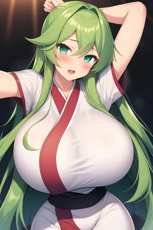 1girl, solo, white background, green eyes, long hair, black hair, bangs, topless, grass skirt, leaf skirt, mini skirt, large breasts, soft stomach, masterpiece, best quality, very aesthetic, absurdres