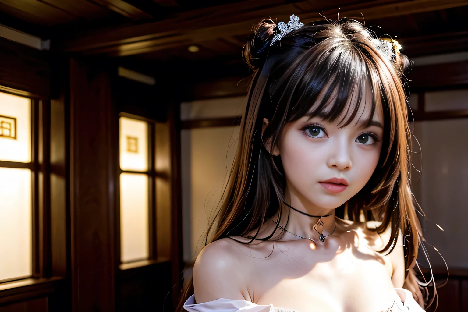 SFW, concept art, Tiny junior idol, Delicate lace knitted white clothes, (nipple:-0.9), ((face closeup)), (((Renbutsu Misako), Dazzling and delicate stained glass fills the backgrund, colorful Light shines through stained glass:1.2, vivid red colors, lense Particle, lens flare, light Particle, Dazzling Halo, Acutance:0.8)). (masterpiece:1.2),(ultra-detailed:1.37),(realistic,photorealistic,photo-realistic:1.37), (Extremely detailed KAWAII face variations, innocent expression variations), rosy cheeks, intricate detailed eyes with sparkling highlights, long eyelashes with volume, subtle blush on the face. Mystic sight, haze, impeccable skin texture, captivating gaze, ((Dynamic-angle, physically-based rendering)), whole Body proportions and all limbs are anatomically accurate .