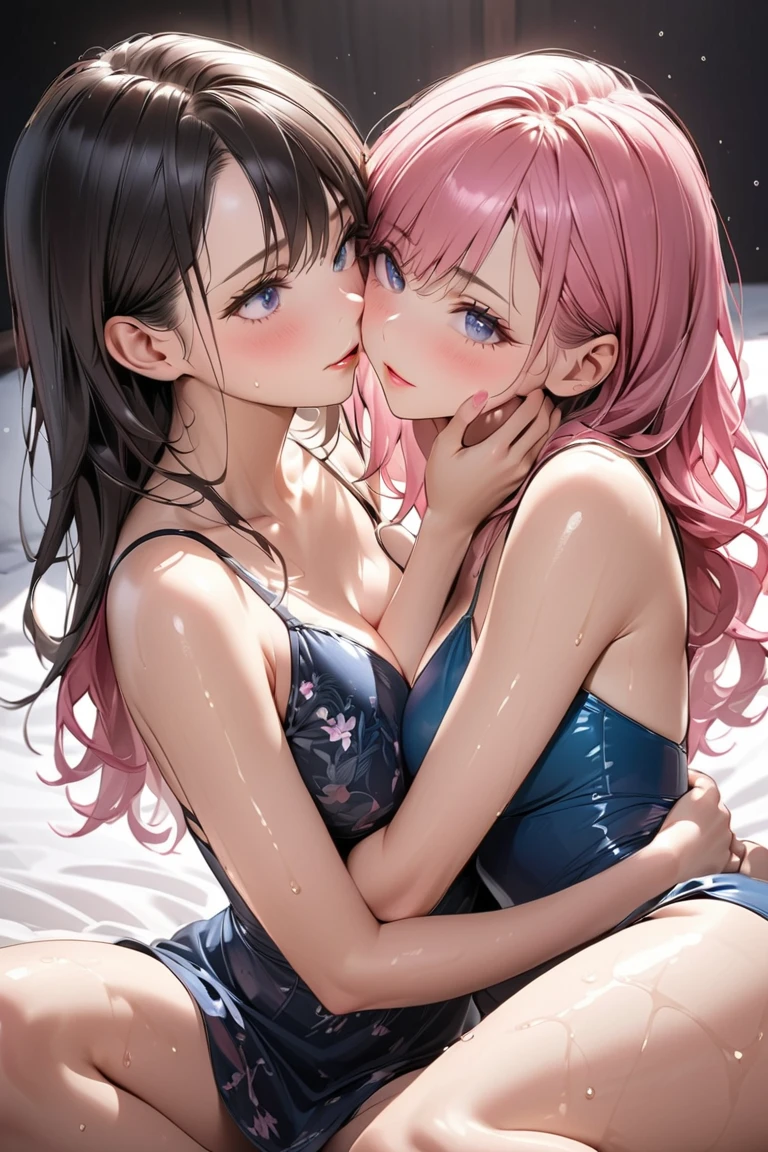 NSFW:1.3Best Quality,High resolution,8k,finelity detailed background,Masterpiece:1.2),(Two Beautiful Girls 1.3),Huddle together,The beautiful girl on the left has shiny pink hair.,asymmetrical hair,Beautiful pink eyes,Gentle look,A refreshing look,(smile)NUDE,The beautiful girl on the right has shiny brown hair.,asymmetrical hair,Beautiful brown eyes,Gentle look,A refreshing look,(smile)NUDE,Best quality,Best Quality,Aesthetic and aesthetic:1.2,Best details((Super detailed))(High-definition CG illustrations),Upper Body,(Cleavage:1.2)Slender body,night,moon,Bedroom,On the bed,smile,blush,cute,Scrounge,Looking up,Being spoiled,super model,(nsfw:1.2), (How:1.5), (sweat:1.2), (steam:1.2),kissing