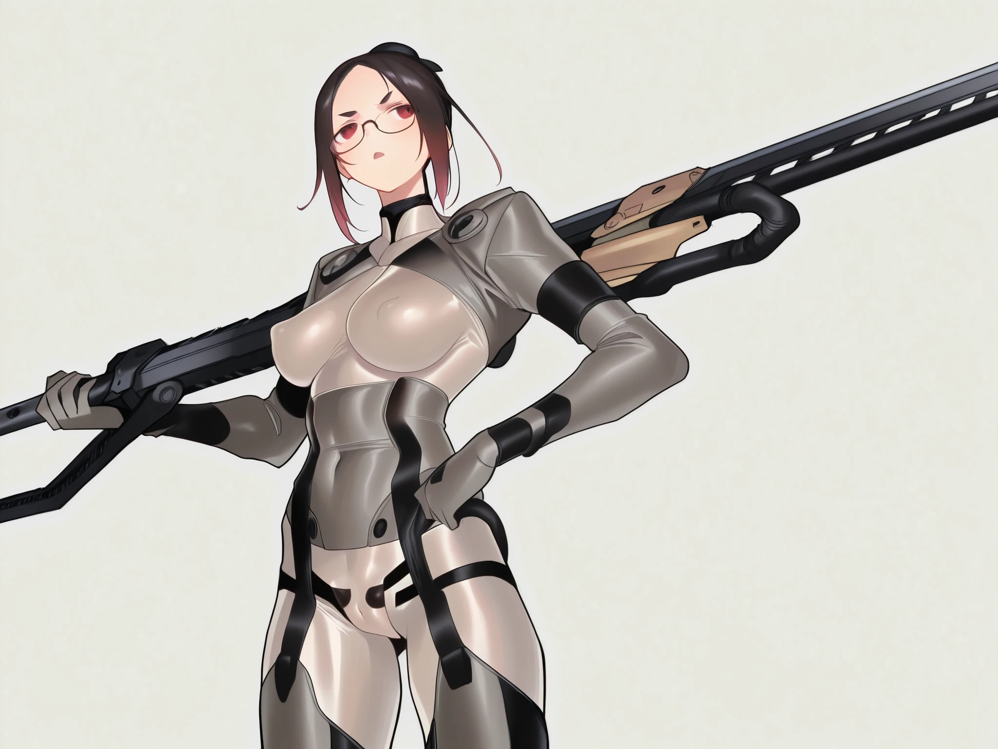 mechanical arms,mechanical legs,gray bodysuit,skinbodysuit,bodysuit,Red Eyes、(dark haired、glasses) 、((Armored Combat Suit、robot suit、robot girl、Machine Weapon Girl、extremely large breasts))、Anime Style、High Definition、High Quality、1girl、sexy、NSFW、Cowboy Shots、looking at me