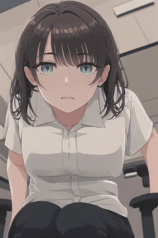 Highest quality, High resolution, 1.female, black eyes cum in lunch box cute pink polo shirt small breasts short hair, Black Hair, table chair, Sitting,  Focus on face Perfect spoon in right hand Large amount of semen in mouth Male genitalia from below Only upper body