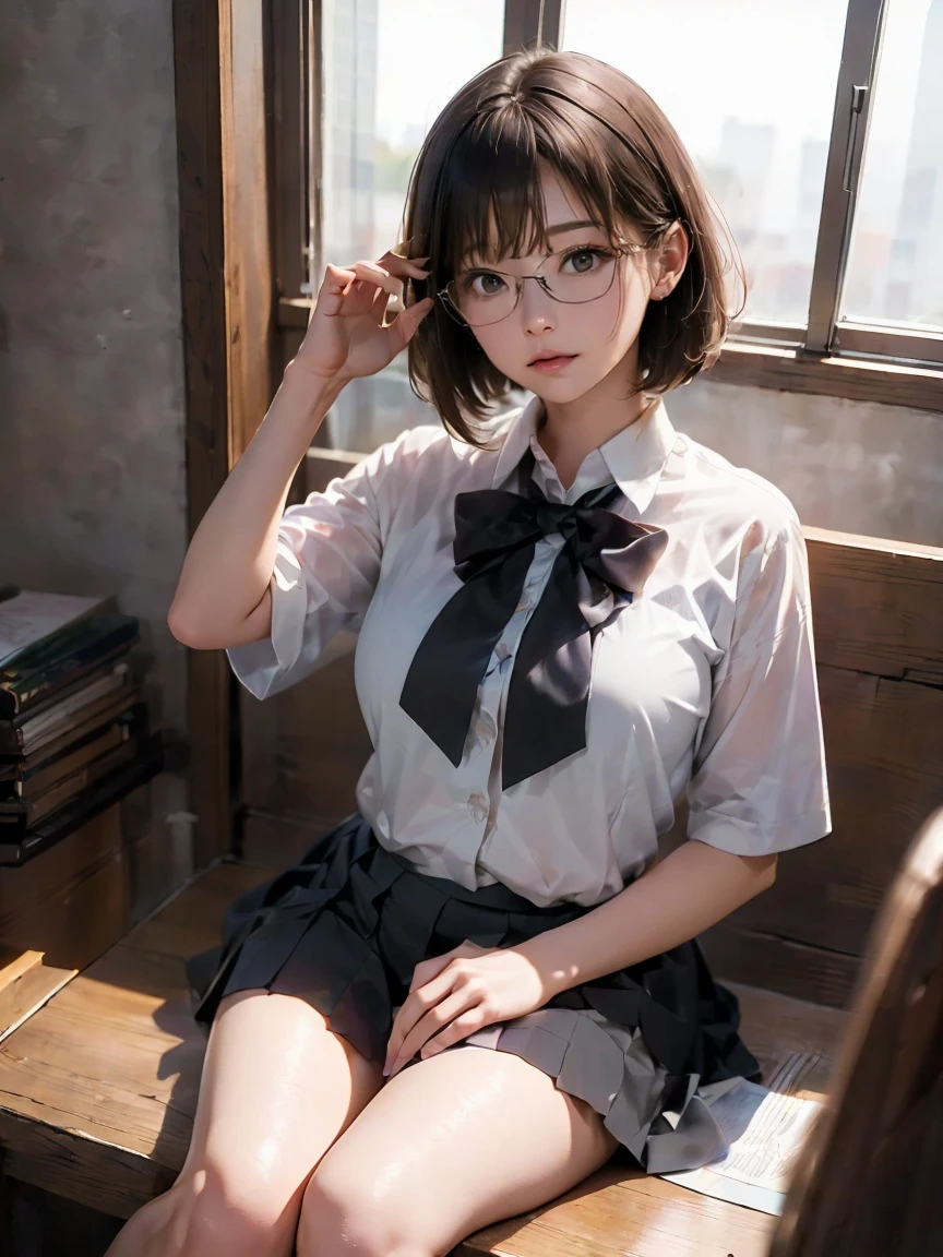 (8k、RAW Photosgraphy、highest quality、masterpiece:1.2),((Big Boobs))、Sanding,Glamour,Chromo White Skin,School,(Looking at the audience with a smile),Viewed from the front,Muchimuchi,High-pitched clothing,erotic,student,White skin,knees,((Black Pantyhose)),Absurd,Small Face,,The forehead is visible,額の左右から垂れ下がる前hair、masterpiece,highest quality、超A high resolution,RAW Photos,Len,Beautiful poop,one person, Hands on head with armpits visible、solo,Glasses,,Dark look,Small breasts,whole body,Round Glasses,JK ,high school girl,Japanese women,((明るいベッドルームでshirtを持ち上げて足を開いて座る)),(Her white lace panties are transparent, allowing you to see her crotch:1.37)、(Photorealistic:1.37)、Photon Mapping,Realistic、Beauty,Cute face,茶色のeye、Black socks、(Red bow tie)、物理ベースLenダリング、Depth of written boundary、Blurred Background、picture,body,Beautiful feet, Long legs, Thin legs,(前hairが見える), hair, Lips, green_eye, Nose Soft,(shirt), (Checkered Pleated Skirt), kneesが見える,See-through clothing,, thigh,