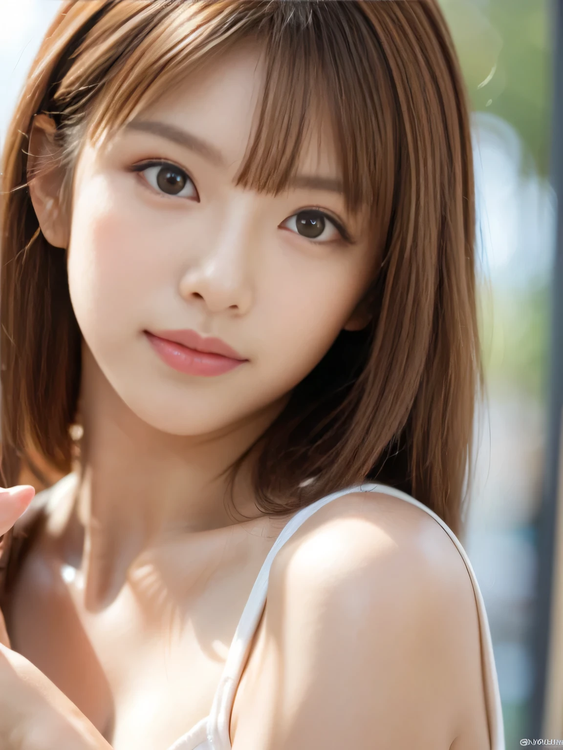 Tabletop, highest quality, figure, Super detailed, In detail, High resolution, 8k wallpaper, Perfect dynamic composition、Cute 27 year old girl、Beautiful face in every detail、Detailed and cute eyes、Textured skin、Slightly parted lips、Short wavy brown hair、Small breasts、Red Tank Top、sexy shot looking at camera、garden、