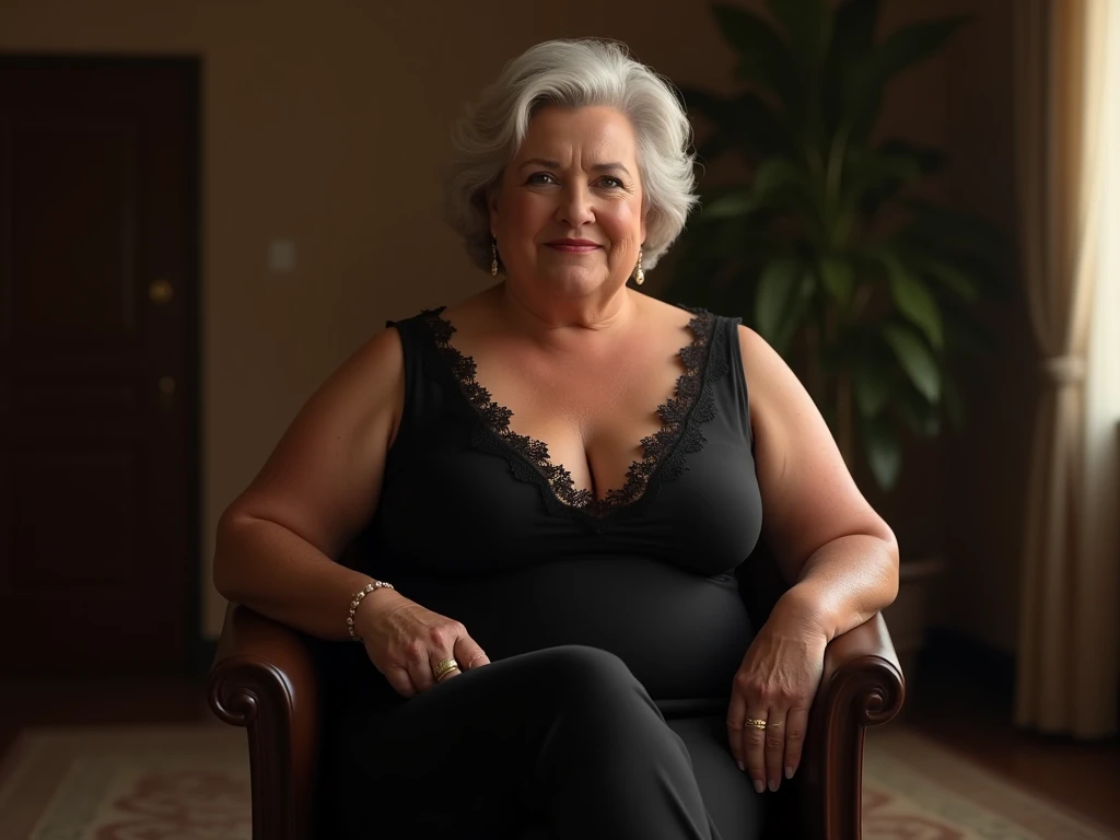 Older fatty women in hot dress in room full body in black dress