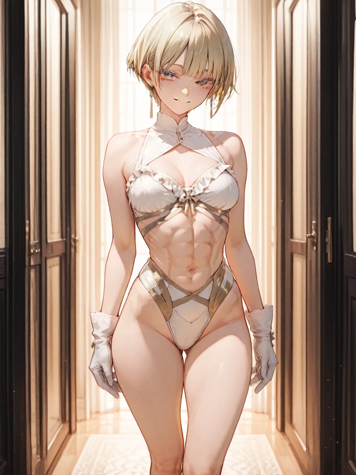 ((masterpiece)), ((best quality)), ((best quality)), (Illustration of One Girl), whole body, 25 years old,, Blonde, short hair, ((Muscular body)), (White tights),, (Very large breasts)),((Grooves reveal original skin))