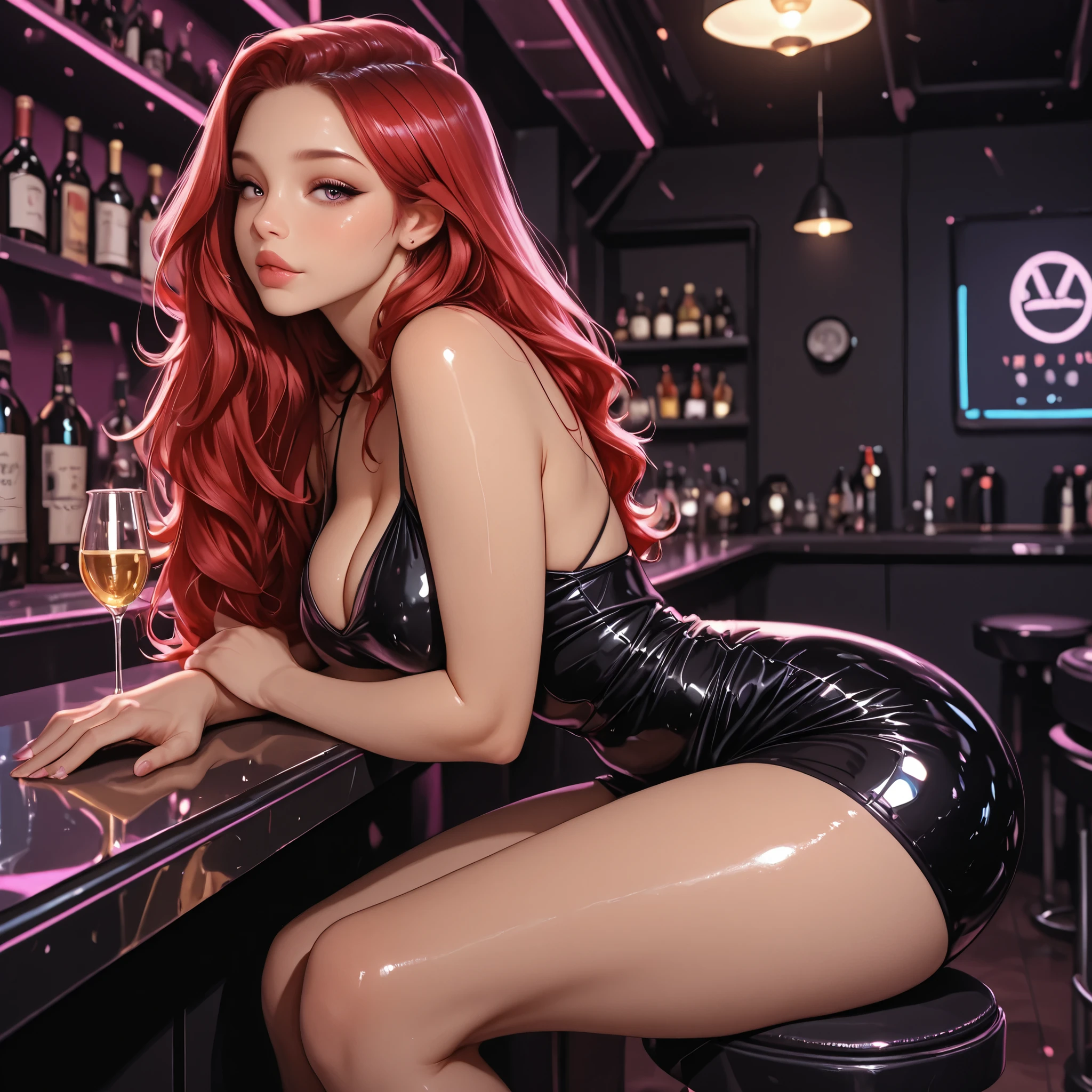 a girl, Bblack hair, 1980s (styled), blood red sleeveless dress, long hair, fully body, red platform heels, long red hair, clear green eyes, thick lips, round breasts,
