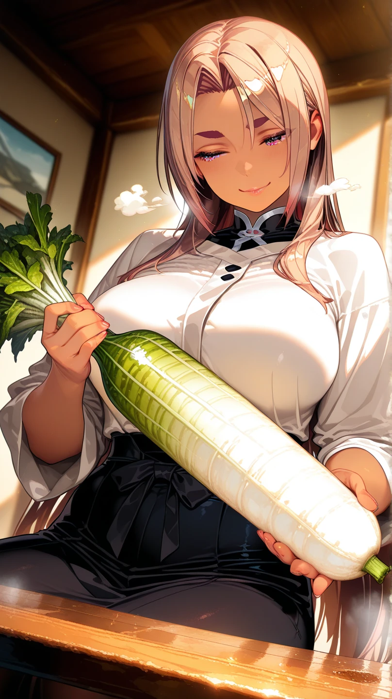 Open your mouth and hold the long cucumber