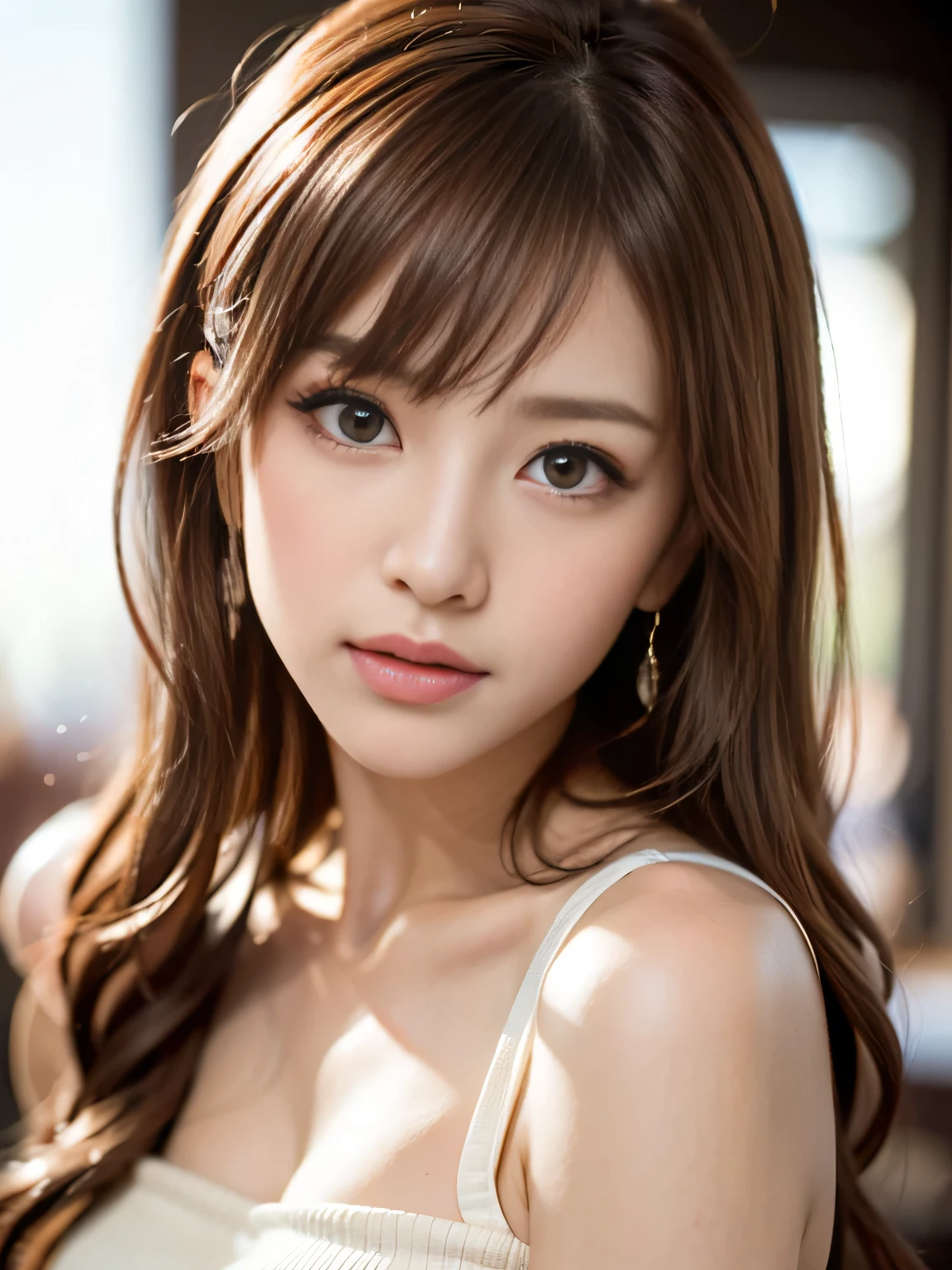 (8k、Photorealistic、RAW Photos、Highest quality: 1.4)、(1 girl)、Beautiful Face、(A vivid face)、(Light brown hair:1.5)、(Medium Hair)、Beautiful hairstyle、（One eye is hidden by bangs：1.5）、Realistic brown eyes、Beautiful details、（Realistic looking skin）、Beautiful Skin、（Black sweater）、Absurd、Charm、Embarrassing、Ultra-high resolution、Surreal、Attention to detail、Golden Ratio
