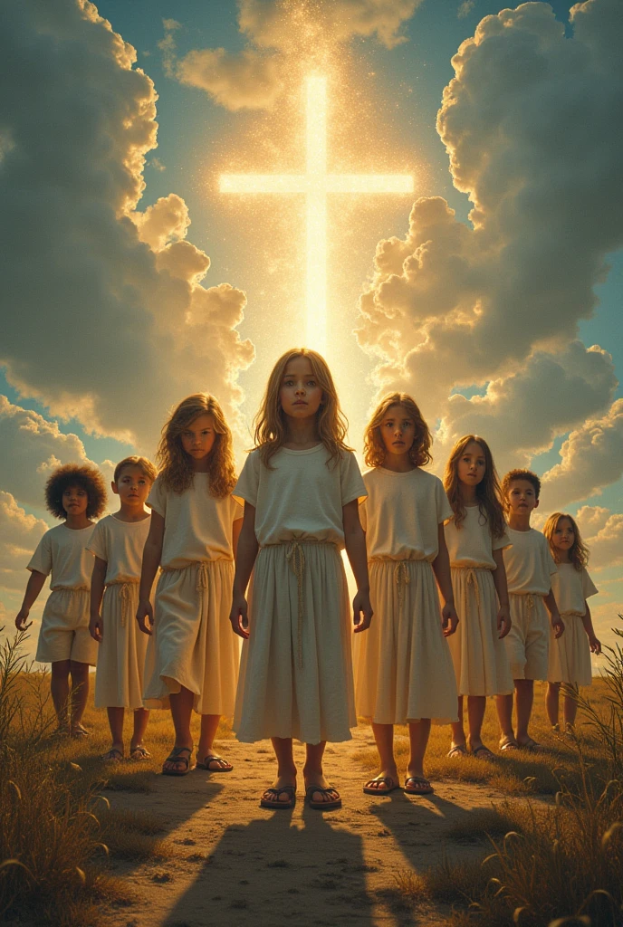 Um meio corpo, Portrait of 3 girls German children long blonde hair of 12 years, jaquetas couro vermelhas, holding in his hands a cross, Image of a large cloud of black smoke and lightning, magic storm and thunder clouds, Dark clouds and lightning, stormy sky with thunders, dark storms with lightning, thunderstorm in the sky, tempestade assustadora, fundo da tempestade, lightning clouds, nuvens tempestuosas escuras, tempestade, Tempo tempestuoso com raios, fundo da tempestade, trovoada ao fundo, fundo da tempestade de raios, Trovoadas