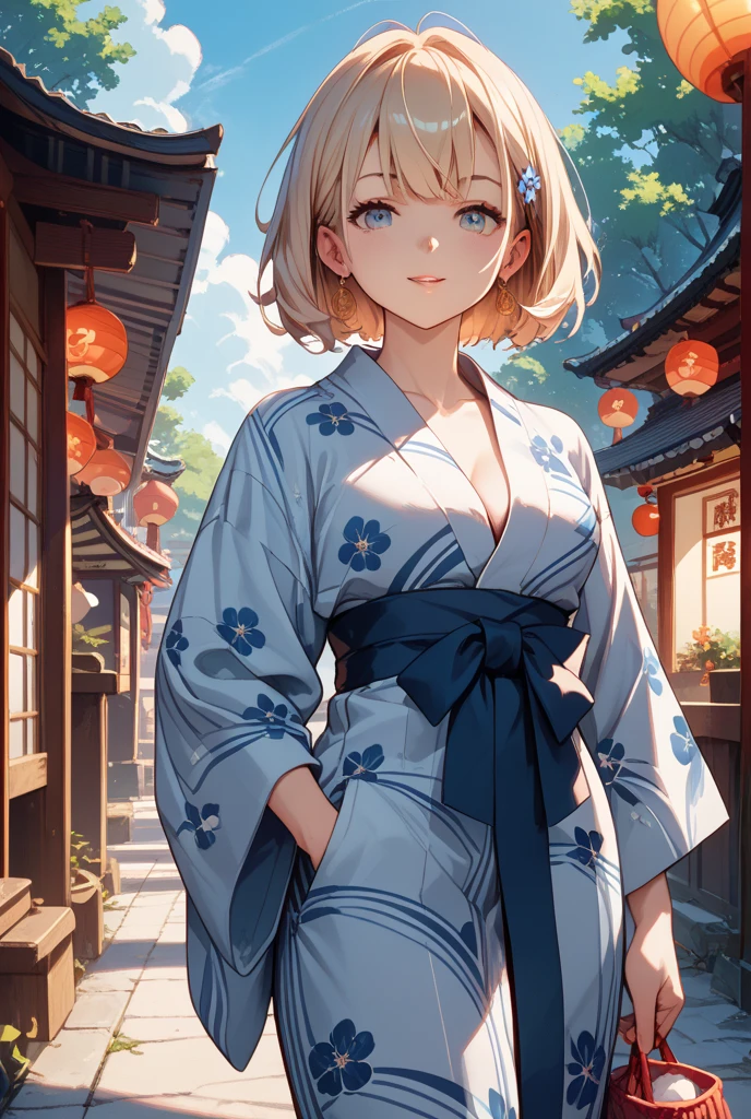 Swimwear。Girl。cute。Blonde。Japanese。Time: Daytime。Clear sky。Short Bob。Korean。Taiwanese。Voyeur style。