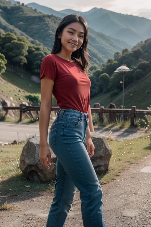 RAW photo in sequence, uma imagem de uma bela mulher loira sentada em uma cadeira de madeira, vestindo uma camisa vermelha e jeans. She is posing for a photograph, and your hair is blowing in the wind, adding a feeling of movement to the scene. Uma mulher aparece sentindo para lado, parecendo estar a contemplar ou sonhando. The chair she is sitting on is positioned in the center of the image, com ela sendo o foco principal, luzes naturais, HDR, fotorrealista, detalhes perfeitos,