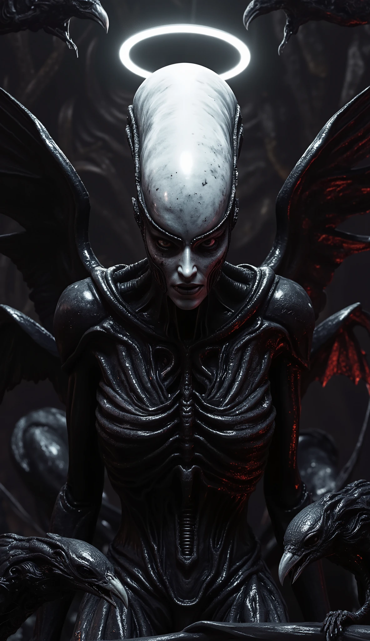 "Fallen angel xenomorph female, white halo helmet, black latex biomech suit, broken wings, surrounded by ravens, cracked porcelain face, baroque horror, red light reflections, sacred vs corrupted theme, moody atmosphere"
