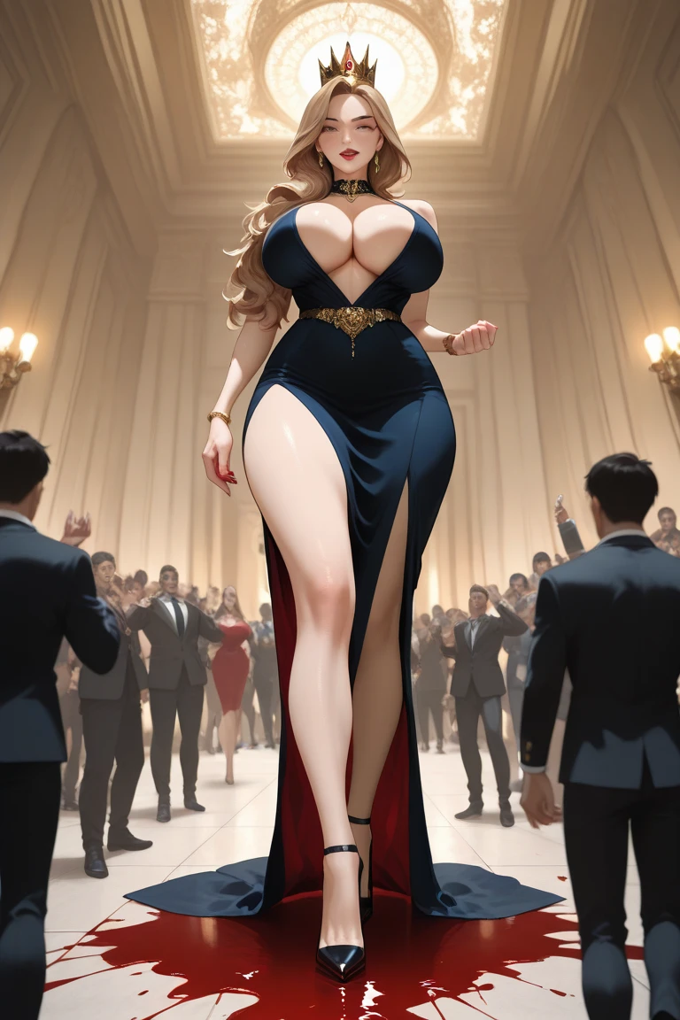 anime, ultra detailed, hyper detailed, best quality, highres, 4K, master piece, 1 female, 28-year-old, Navia, sexy lingerie, gigantic, huge breast, France city, crowded, (accompanied by female bodyguards),