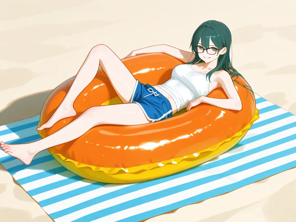 One very cute 16 year old girl、dark brown hair、(open your mouth)、(on the right hand(thick round ice cream stick)eating by holding it in the mouth)、(open your mouth)、summer、Ocean's house、Ocean、sun、