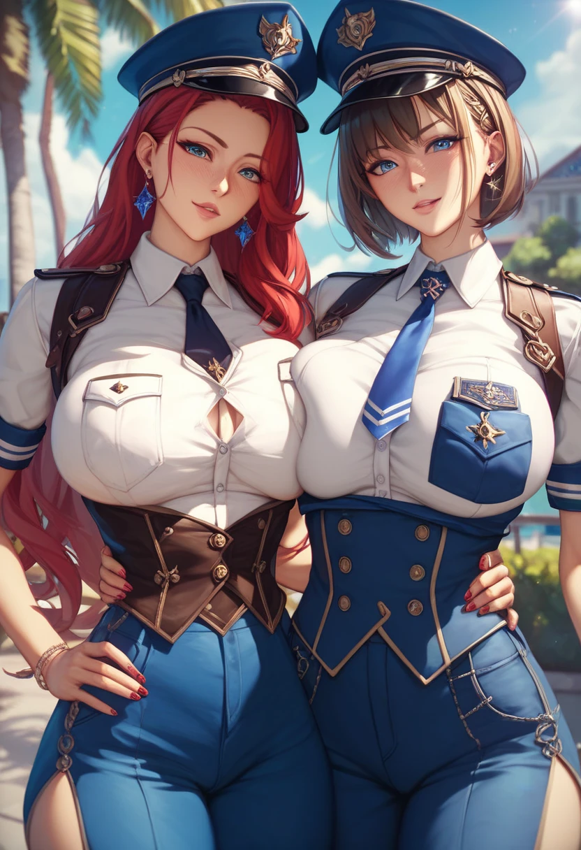 (8K ,Ultra-detailed,Super real photos,Best masterpiece,Nature,perfect work of art,perfect female body),two women,Sister and sister, sisters,rainbow hair,perfect face,(huge tits),neighbor wife,woman hairstyle,elegant wife,At the police station,Exquisite and ,wearing police officer uniform,police uniform,super short thong,穿着低胸露肩police uniform,T-shaped small,huge big,transparent pink,full body shot,elastic muscles,raised raised raised,Obscenity exposed